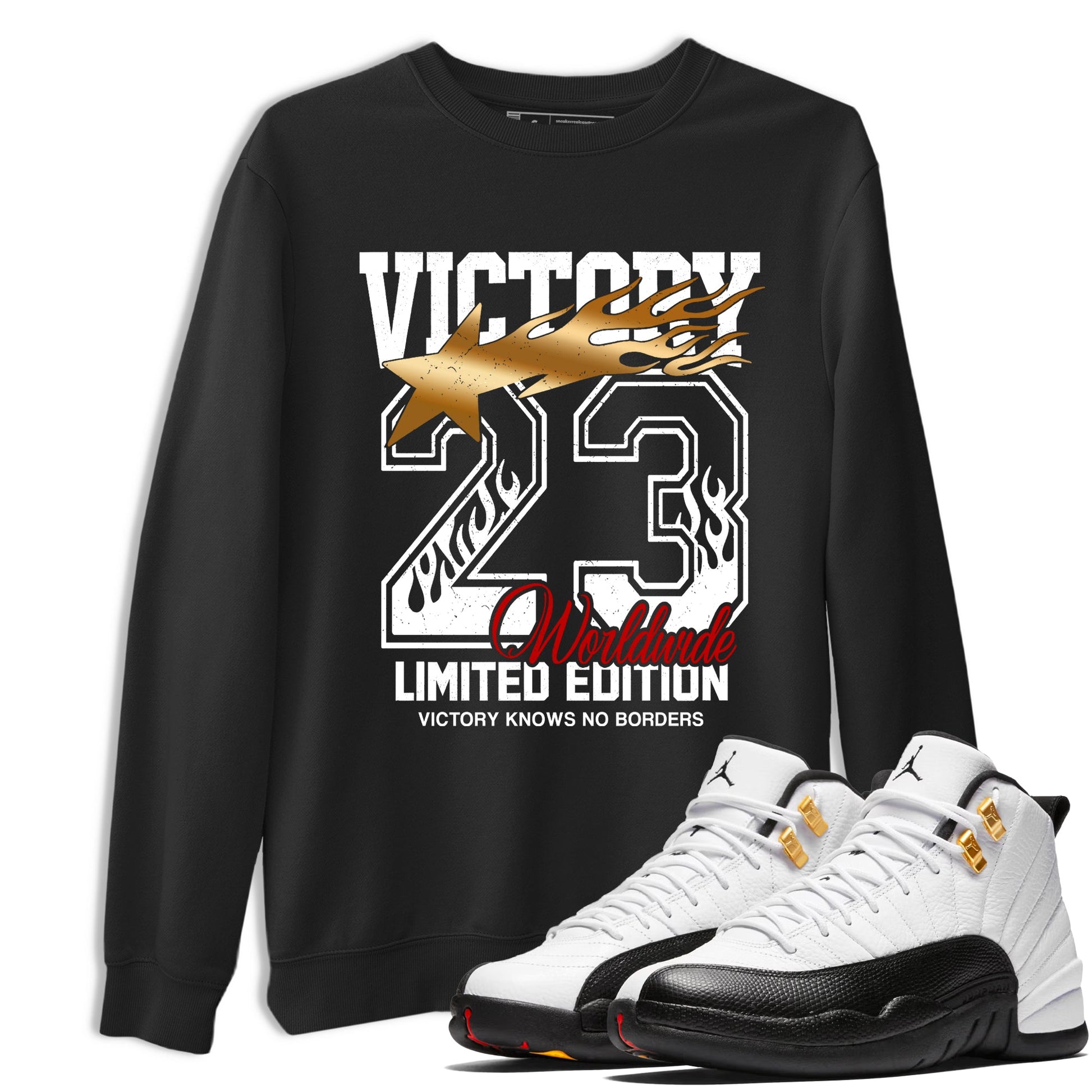 Sneaker match tees – Sneaker Tees To Match Air Jordan 12 Taxi Shoes – Victory Knows No Borders Tee Black 1