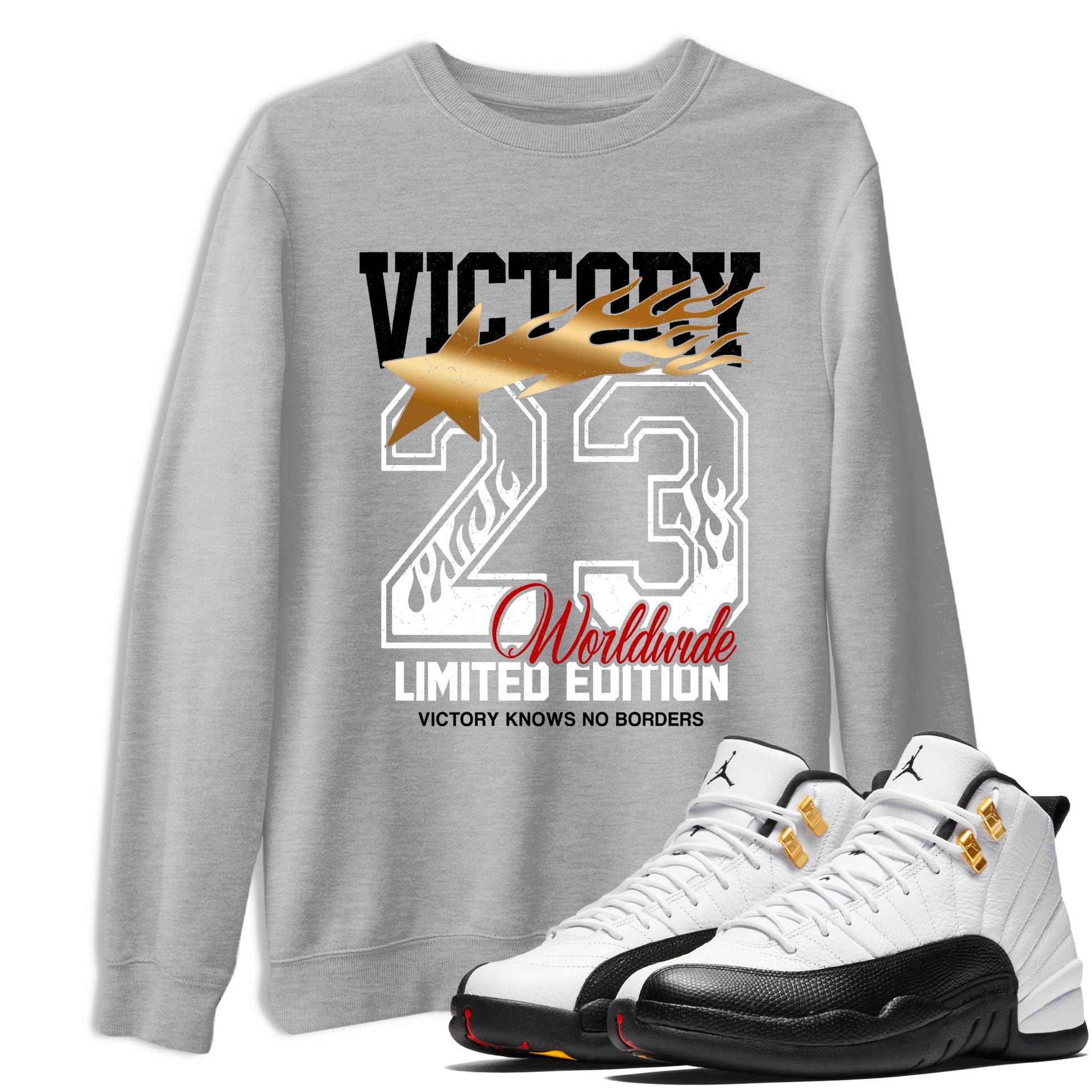 Sneaker match tees – Sneaker Tees To Match Air Jordan 12 Taxi Shoes – Victory Knows No Borders Tee Heather Grey 1