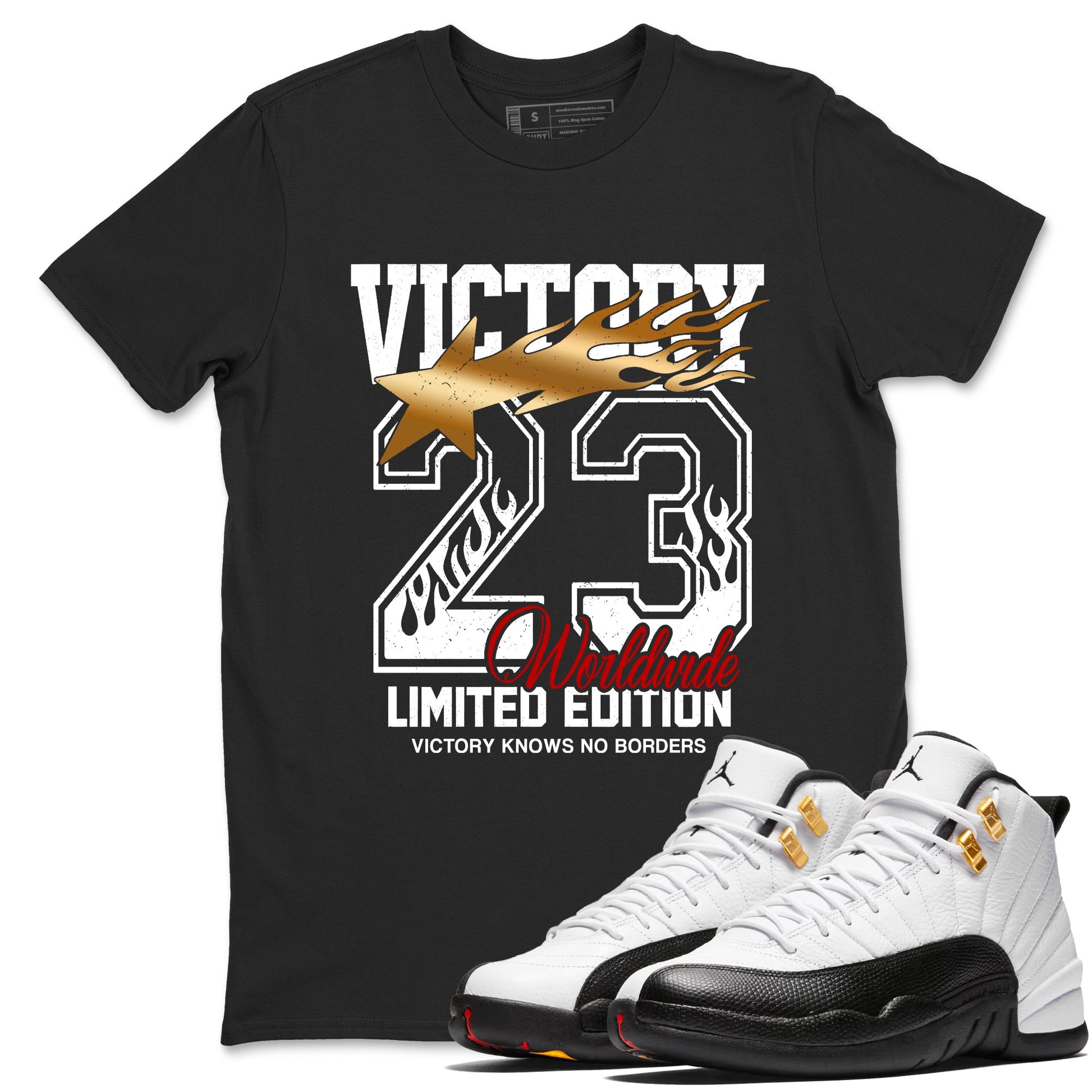 Sneaker match tees – Sneaker Tees To Match Air Jordan 12 Taxi Shoes – Victory Knows No Borders Tee Black 1