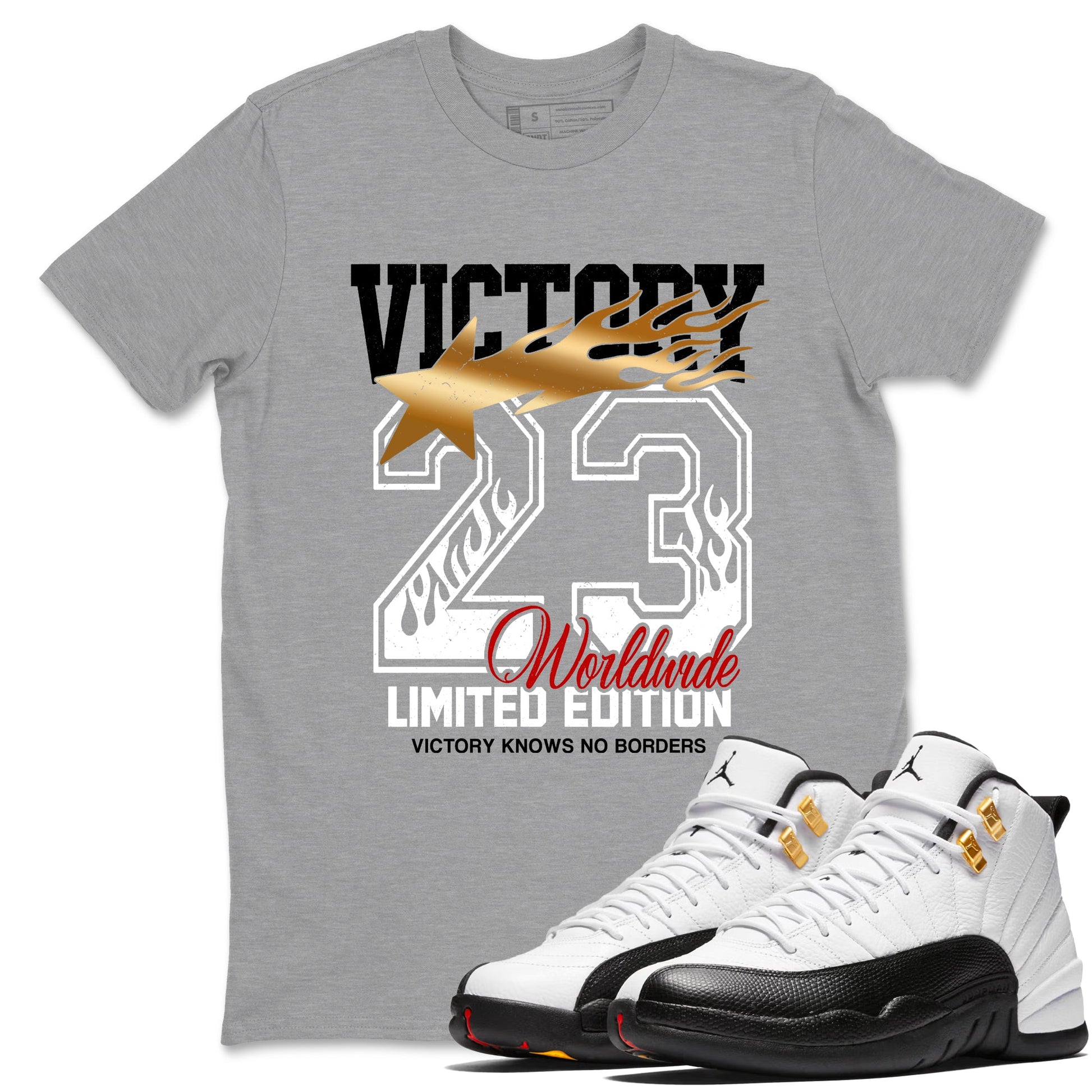 Sneaker match tees – Sneaker Tees To Match Air Jordan 12 Taxi Shoes – Victory Knows No Borders Tee Heather Grey 1
