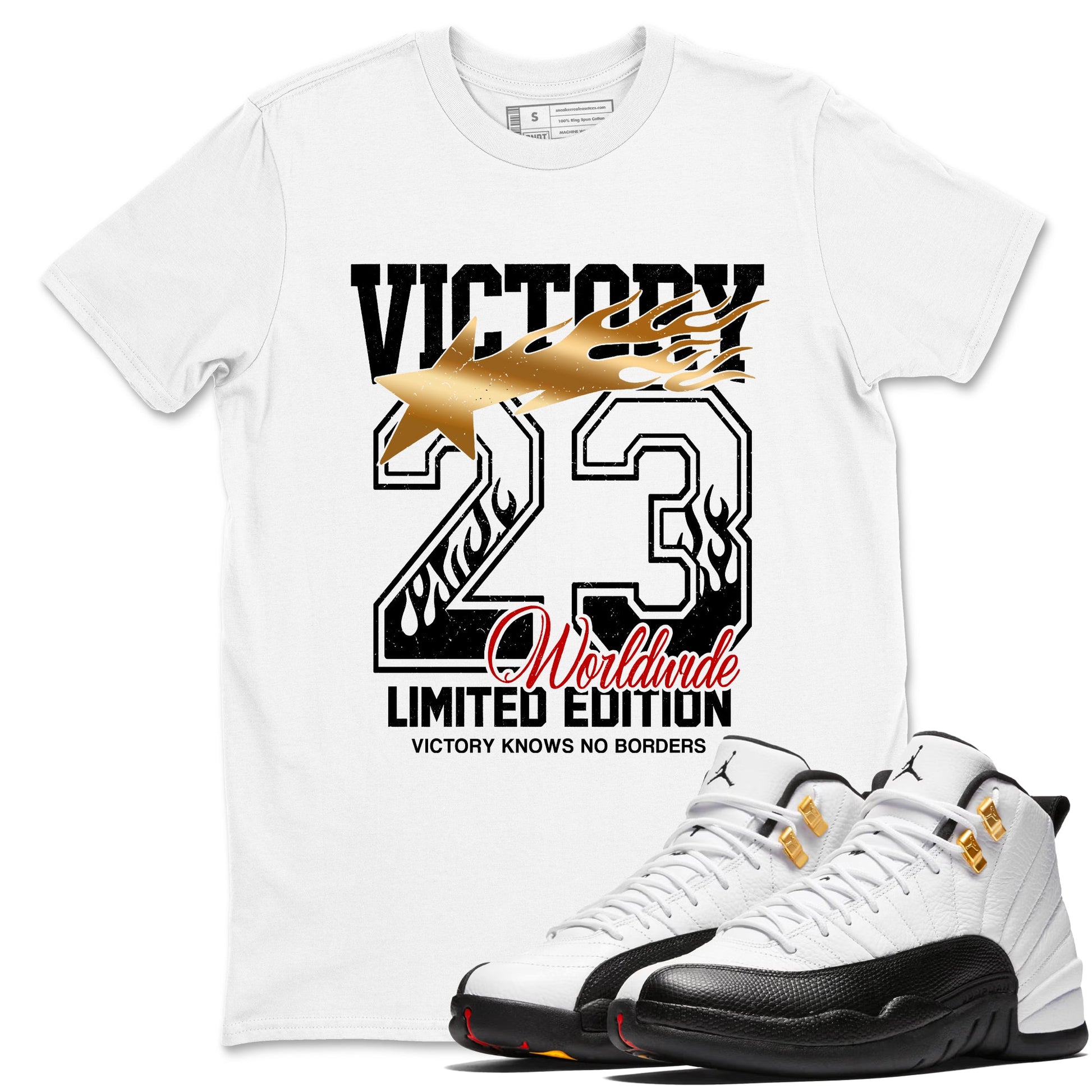 Sneaker match tees – Sneaker Tees To Match Air Jordan 12 Taxi Shoes – Victory Knows No Borders Tee White 1