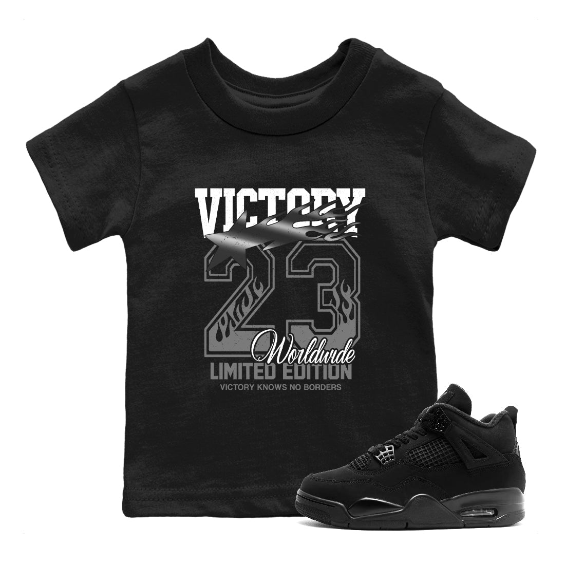 Sneaker match tees – Sneaker Tees To Match Air Jordan 4 Black Cat Shoes – Victory Knows No Borders Kids T-Shirt Black 1