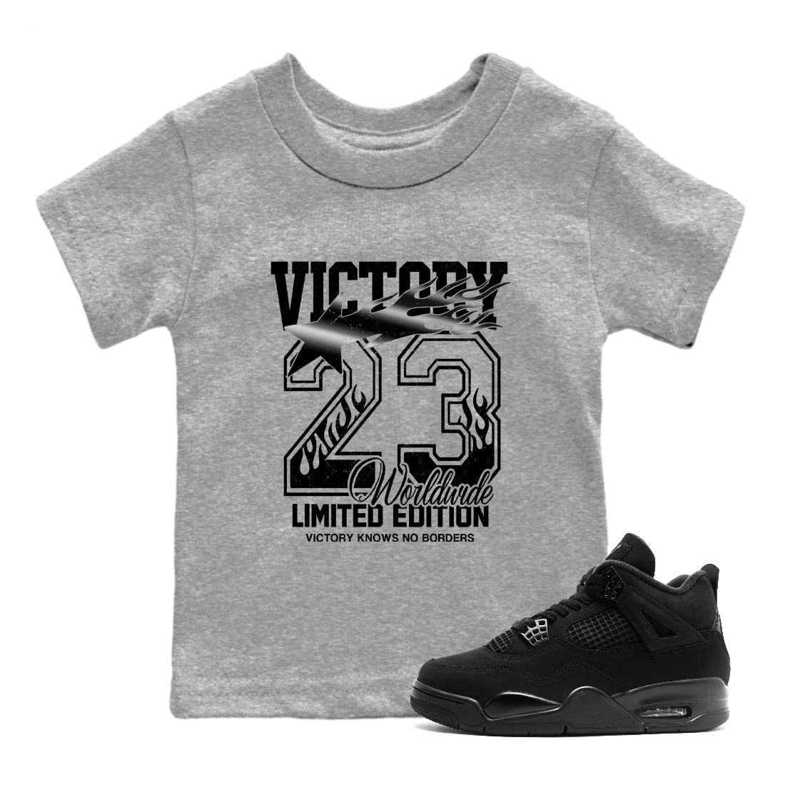 Sneaker match tees – Sneaker Tees To Match Air Jordan 4 Black Cat Shoes – Victory Knows No Borders Kids T-Shirt Heather Grey 1