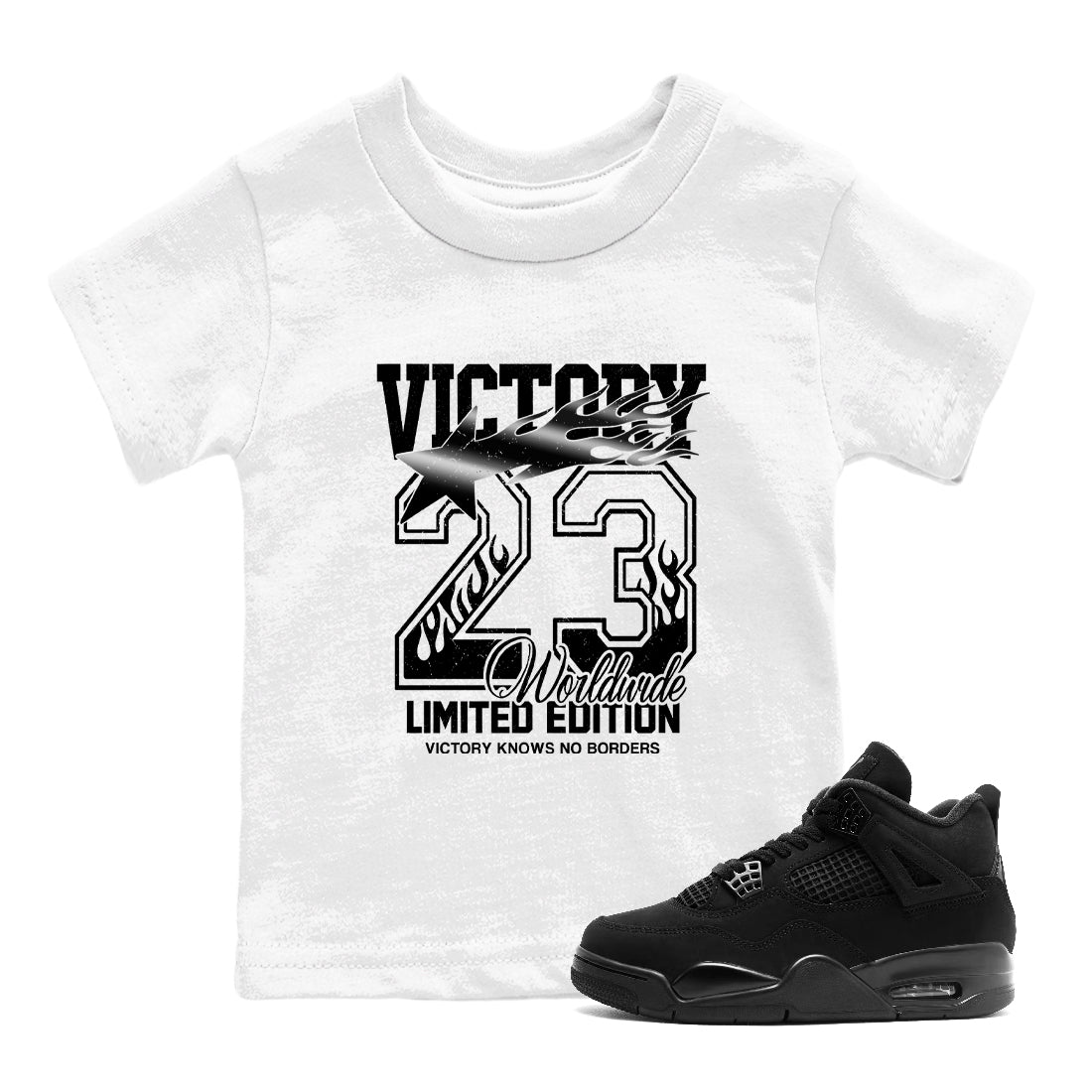 Sneaker match tees – Sneaker Tees To Match Air Jordan 4 Black Cat Shoes – Victory Knows No Borders Kids T-Shirt White 1