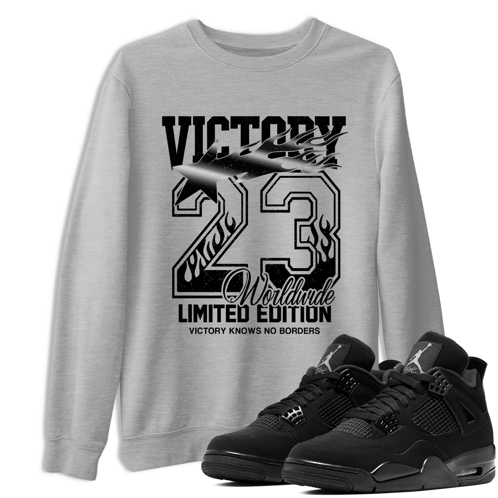 Sneaker match tees – Sneaker Tees To Match Air Jordan 4 Black Cat Shoes – Victory Knows No Borders Tee Heather Grey 1