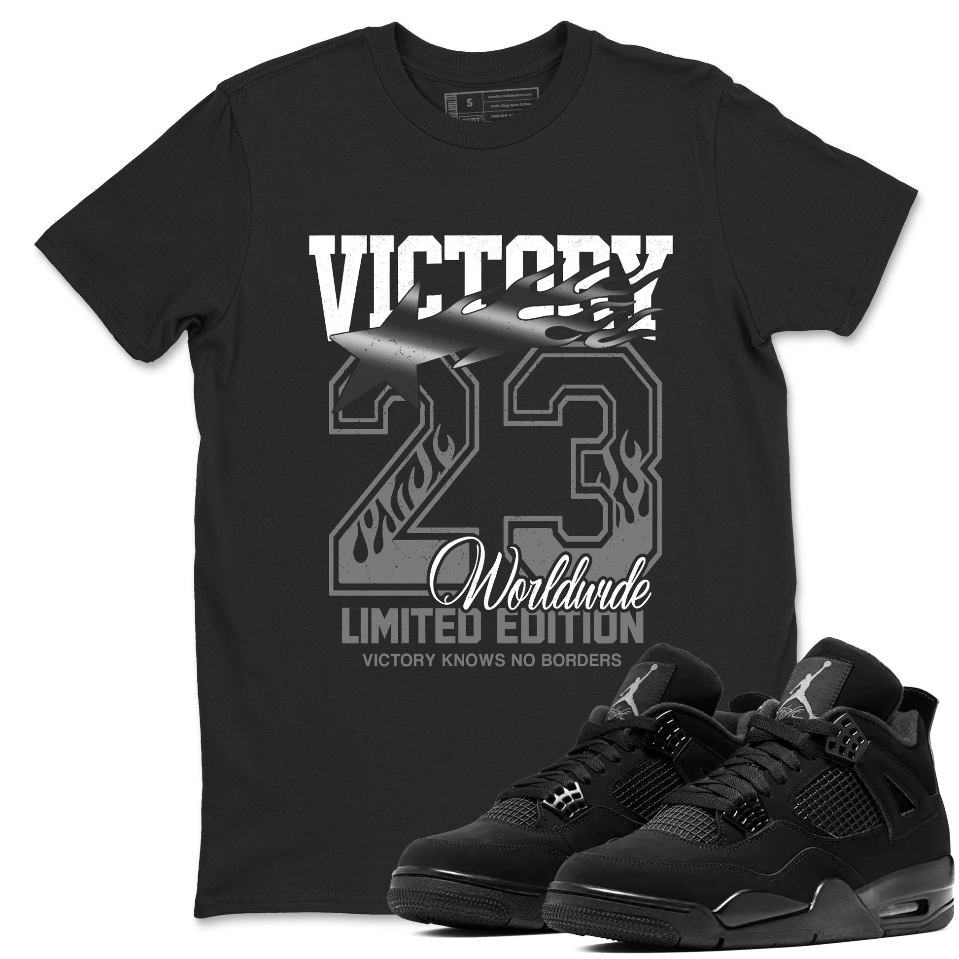 Sneaker match tees – Sneaker Tees To Match Air Jordan 4 Black Cat Shoes – Victory Knows No Borders Tee Black 1