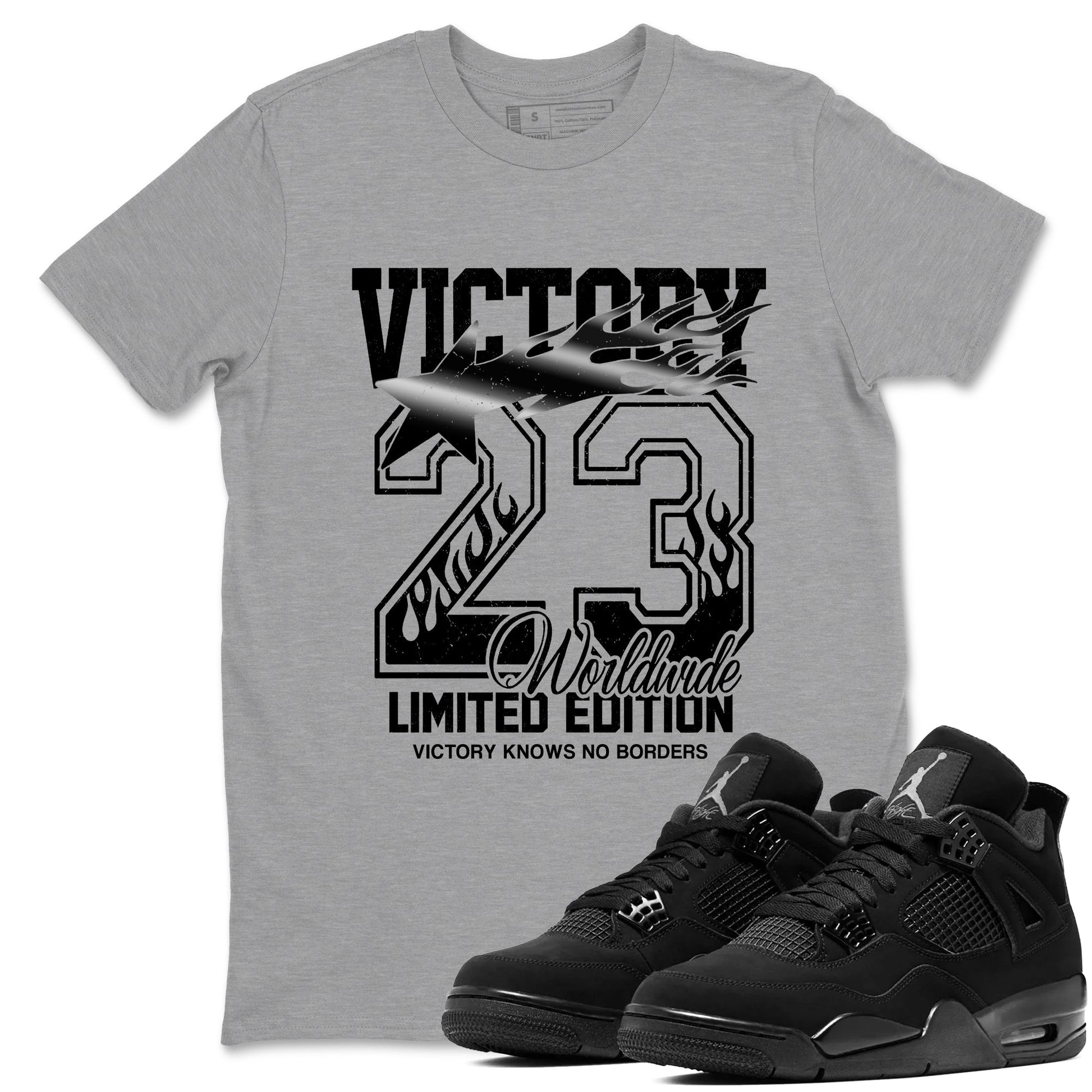 Sneaker match tees – Sneaker Tees To Match Air Jordan 4 Black Cat Shoes – Victory Knows No Borders Tee Heather Grey 1