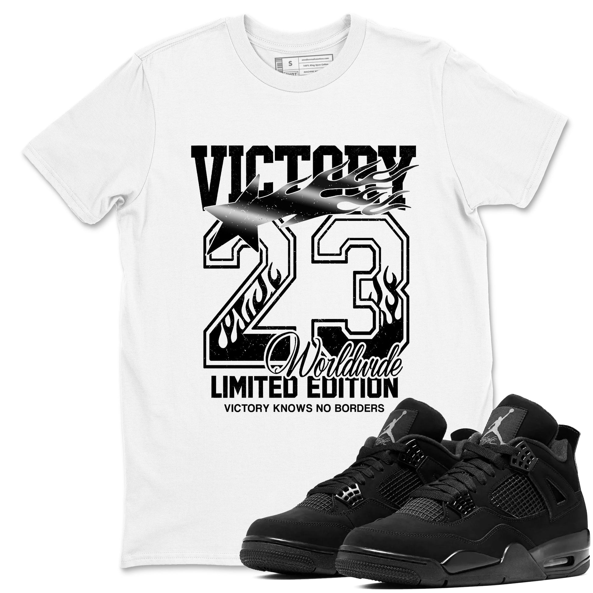 Sneaker match tees – Sneaker Tees To Match Air Jordan 4 Black Cat Shoes – Victory Knows No Borders Tee White 1