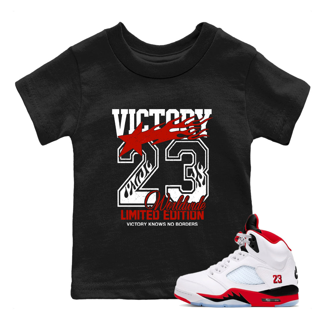 Sneaker match tees – Sneaker Tees To Match Air Jordan 5 Fire Red Shoes – Victory Knows No Borders Kids T-Shirt Black 1