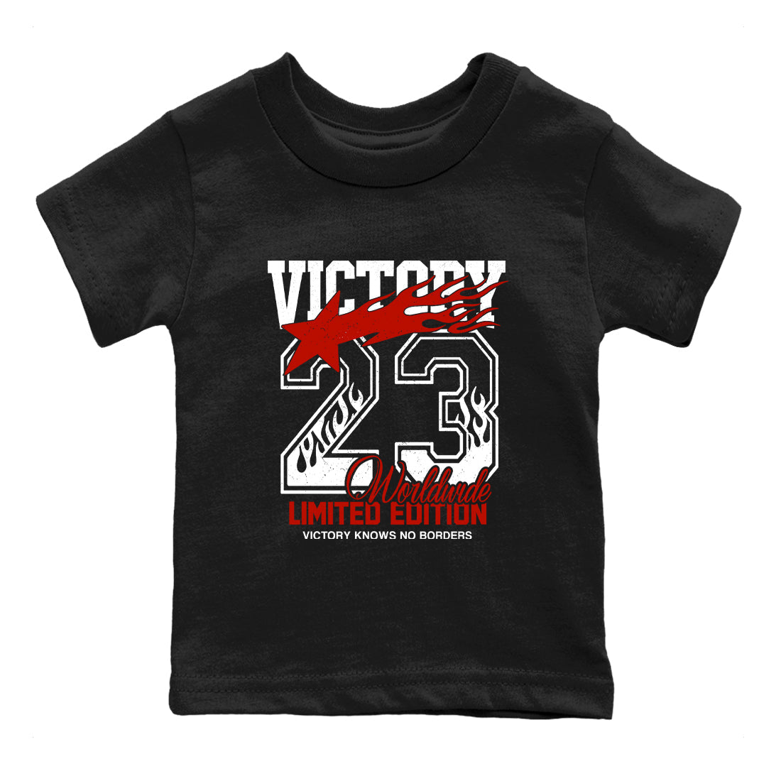 Sneaker match tees – Sneaker Tees To Match Air Jordan 5 Fire Red Shoes – Victory Knows No Borders Kids T-Shirt Black 2