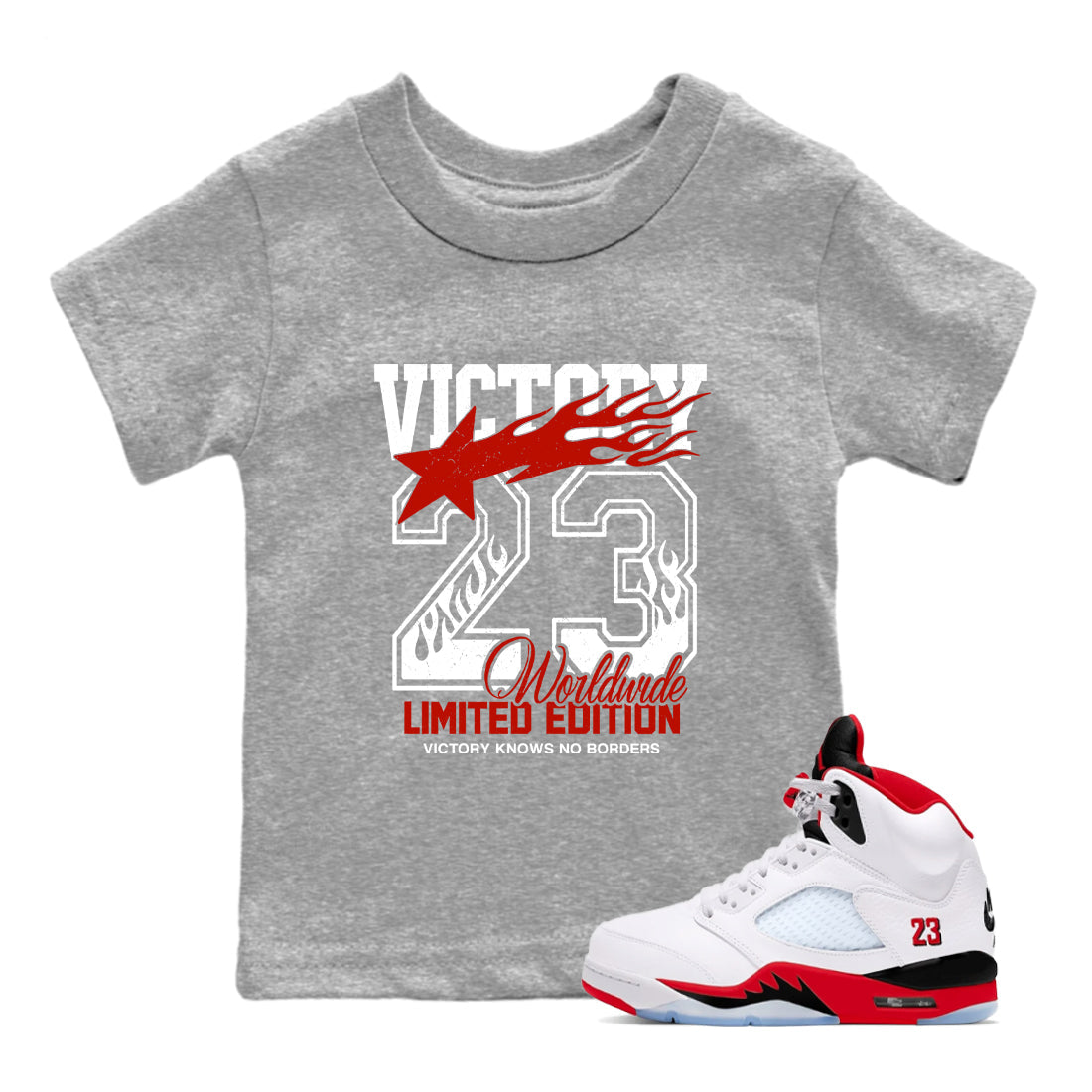 Sneaker match tees – Sneaker Tees To Match Air Jordan 5 Fire Red Shoes – Victory Knows No Borders Kids T-Shirt Heather Grey 1