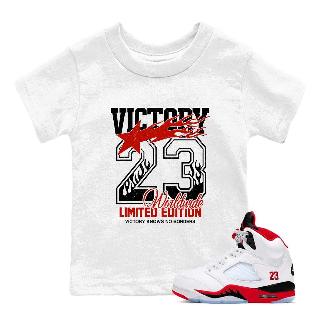 Sneaker match tees – Sneaker Tees To Match Air Jordan 5 Fire Red Shoes – Victory Knows No Borders Kids T-Shirt White 1