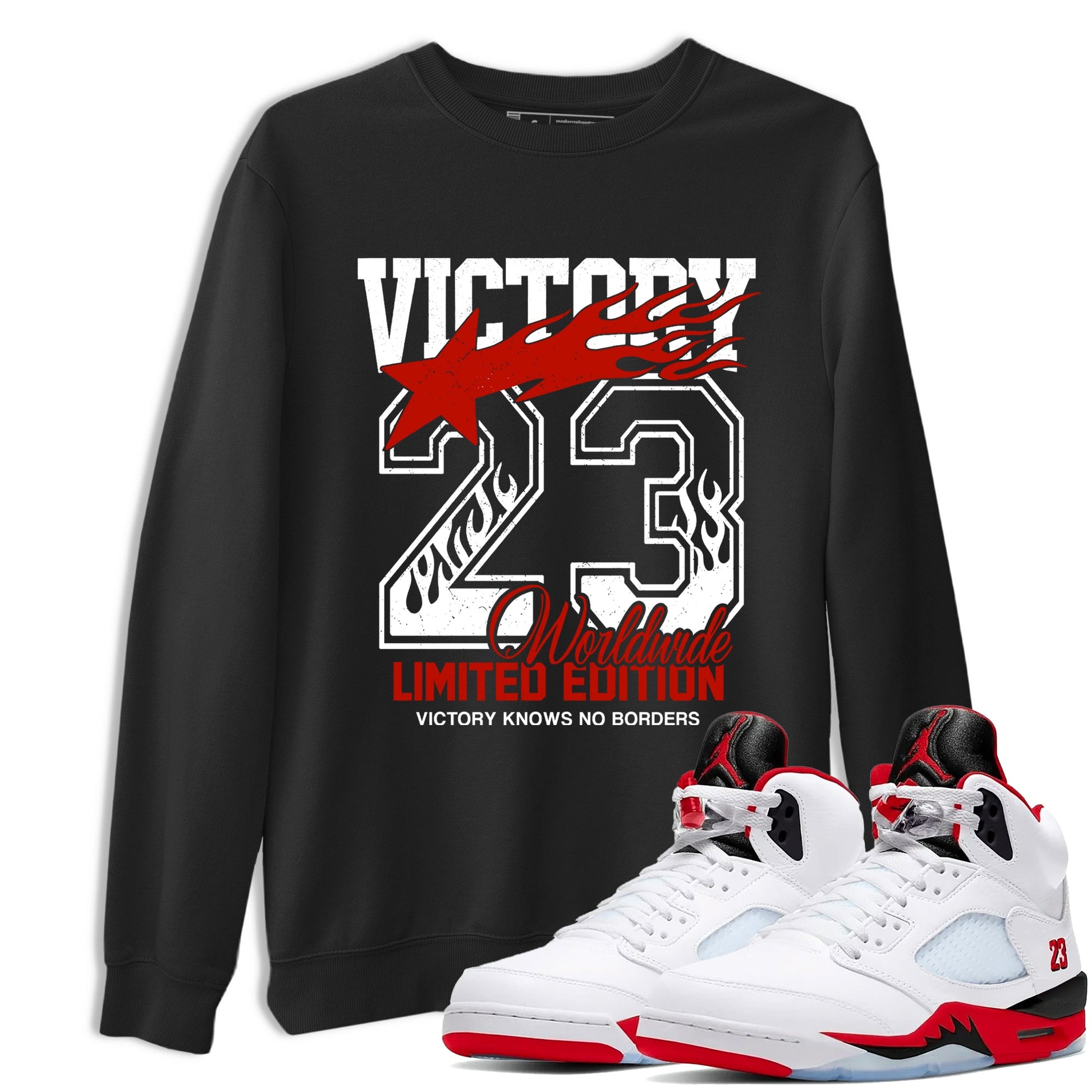Sneaker match tees – Sneaker Tees To Match Air Jordan 5 Fire Red Shoes – Victory Knows No Borders Tee Black 1