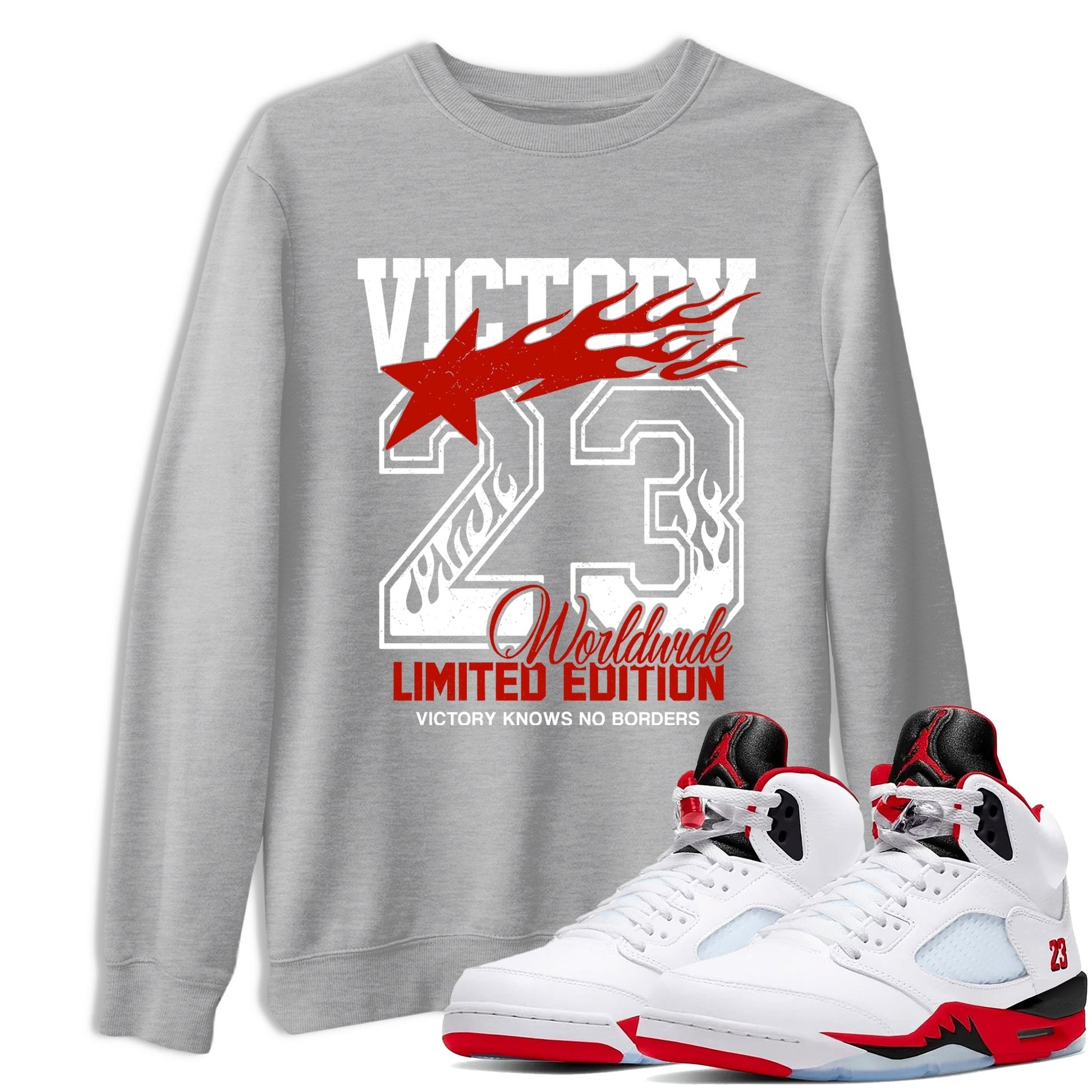 Sneaker match tees – Sneaker Tees To Match Air Jordan 5 Fire Red Shoes – Victory Knows No Borders Tee Heather Grey 1