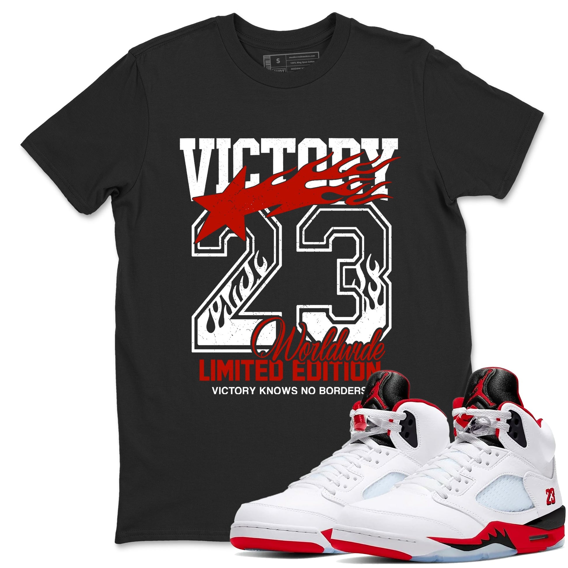 Sneaker match tees – Sneaker Tees To Match Air Jordan 5 Fire Red Shoes – Victory Knows No Borders Tee Black 1