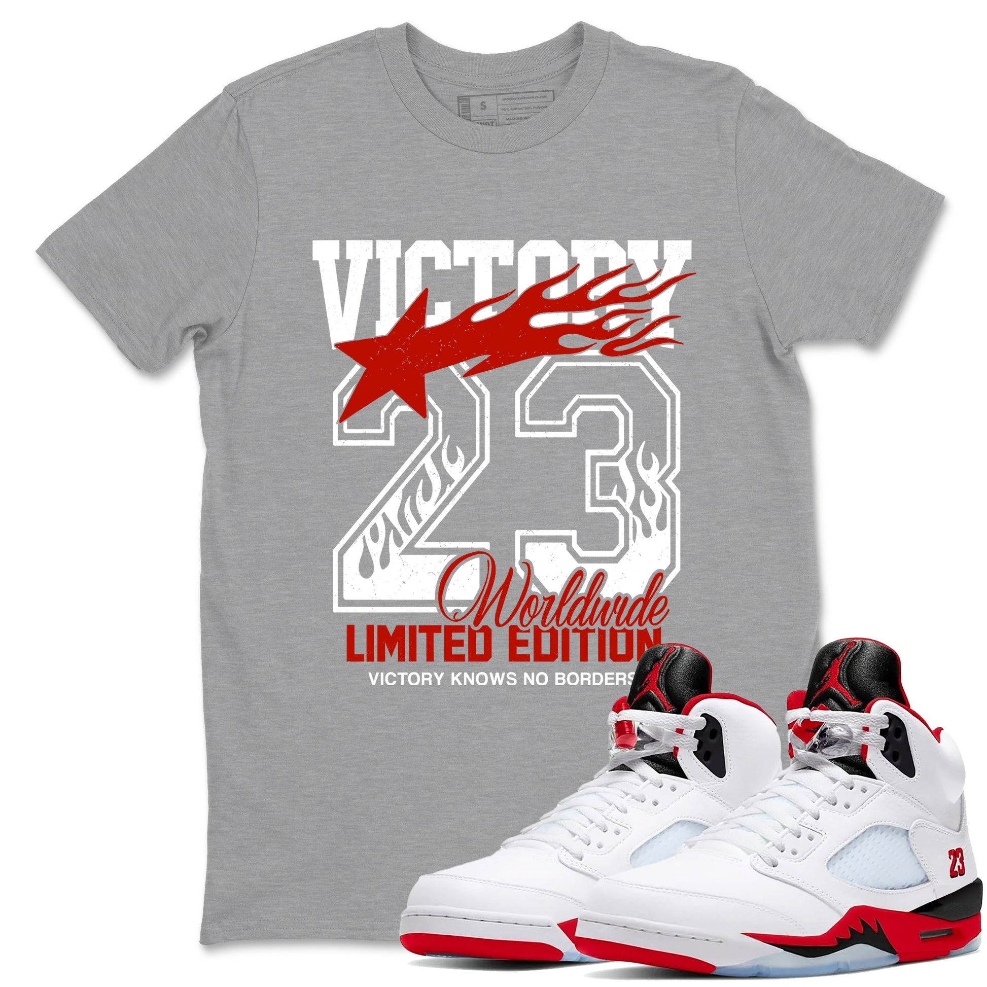 Sneaker match tees – Sneaker Tees To Match Air Jordan 5 Fire Red Shoes – Victory Knows No Borders Tee Heather Grey 1