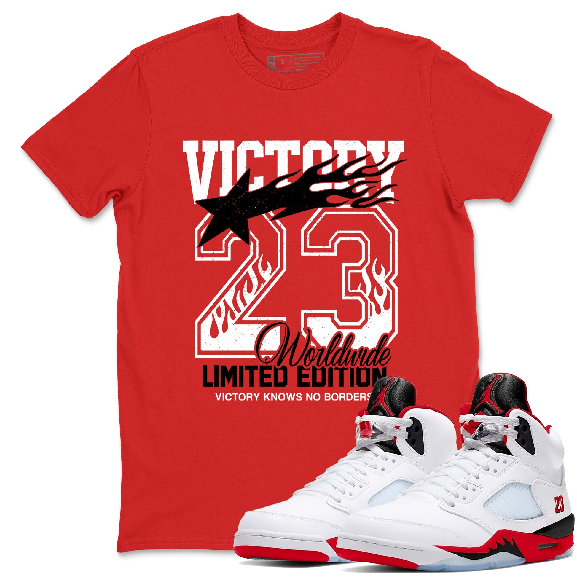 Sneaker match tees – Sneaker Tees To Match Air Jordan 5 Fire Red Shoes – Victory Knows No Borders Tee Red 1