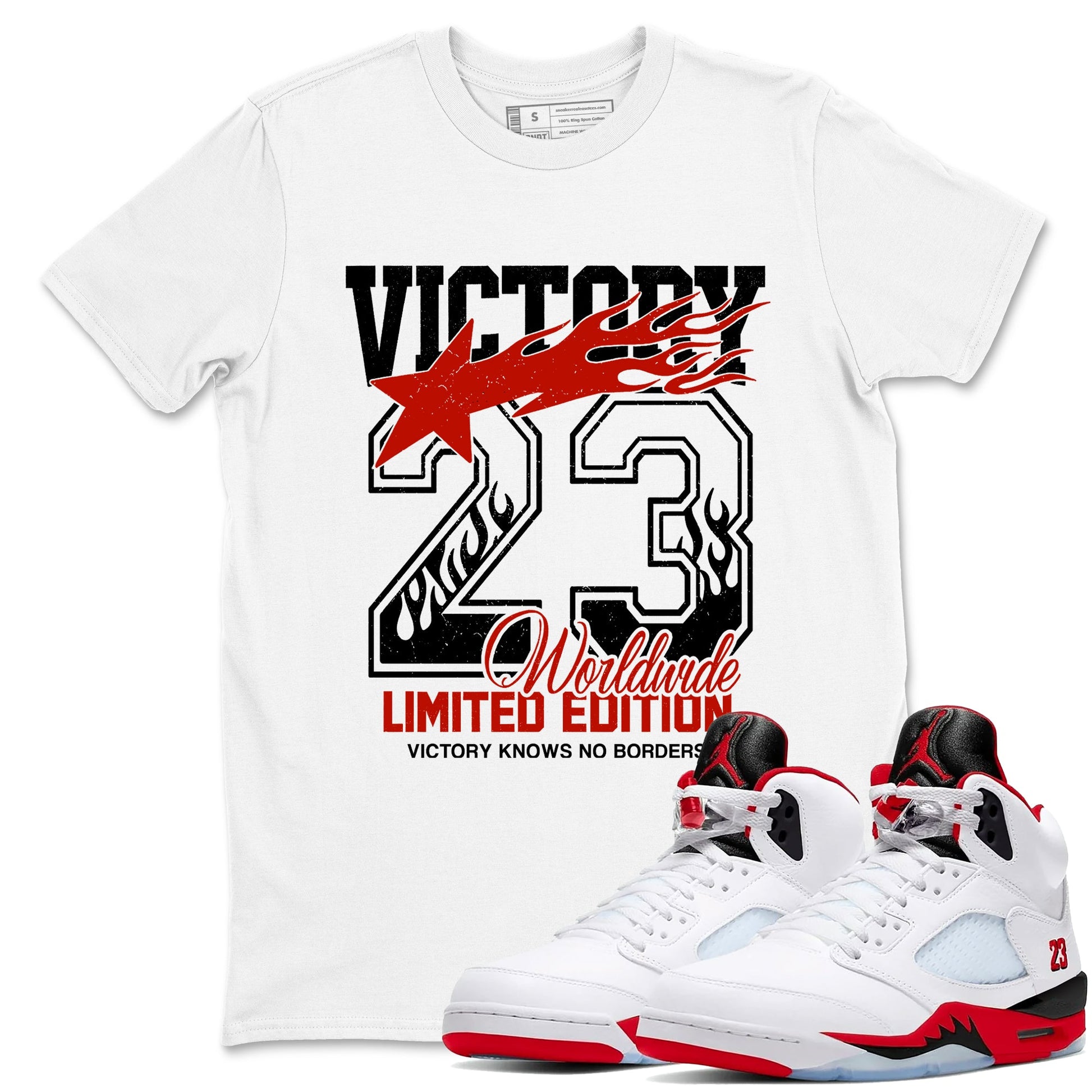 Sneaker match tees – Sneaker Tees To Match Air Jordan 5 Fire Red Shoes – Victory Knows No Borders Tee White 1