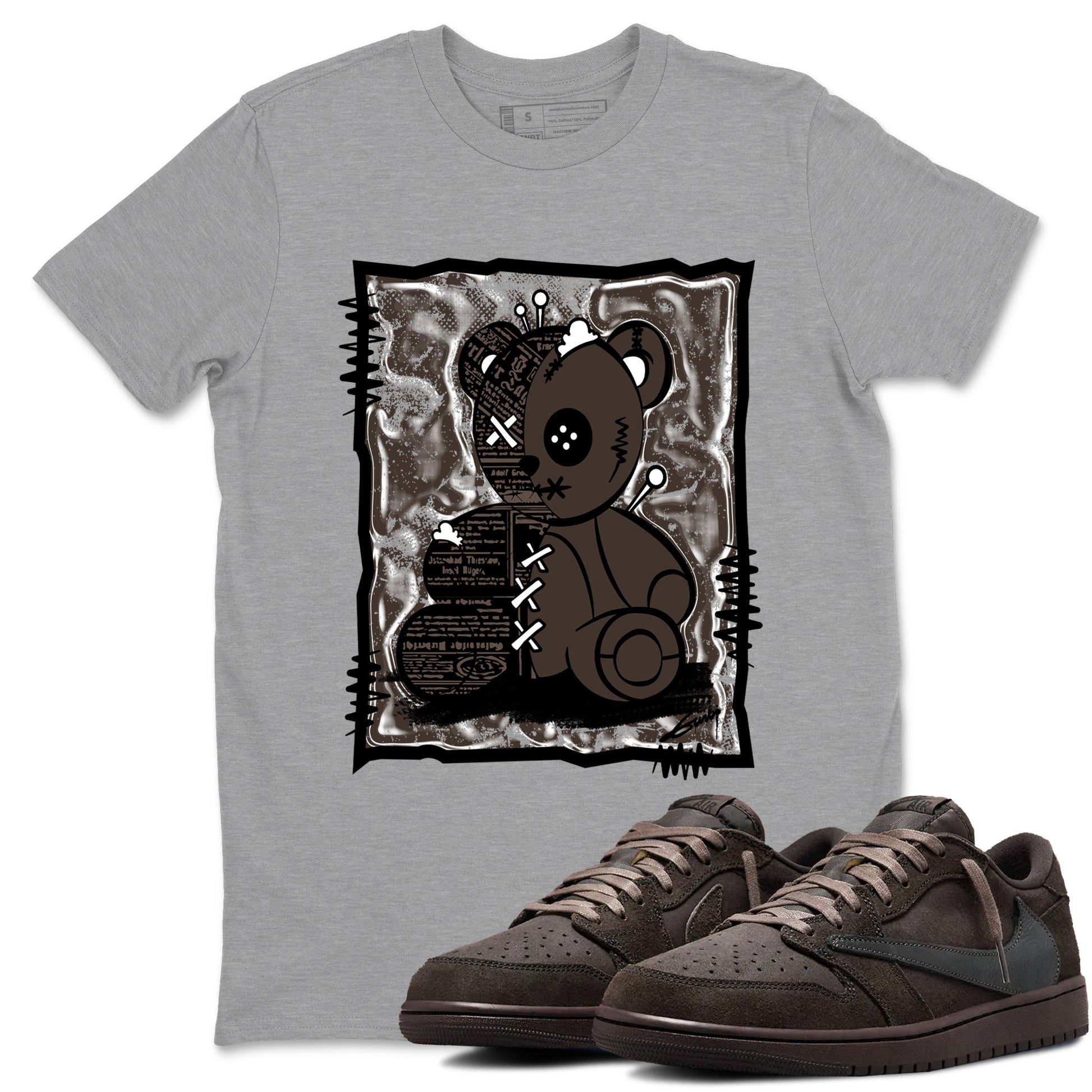 1s Travis Scott Velvet Brown shirts to match jordans Vintage Bear best t shirts to wear with jordans Travis Scott x Air Jordan 1 Low OG Velvet Brown match shoes to clothes SNRT Sneaker Tees unisex cotton Heather Grey 1 shirts