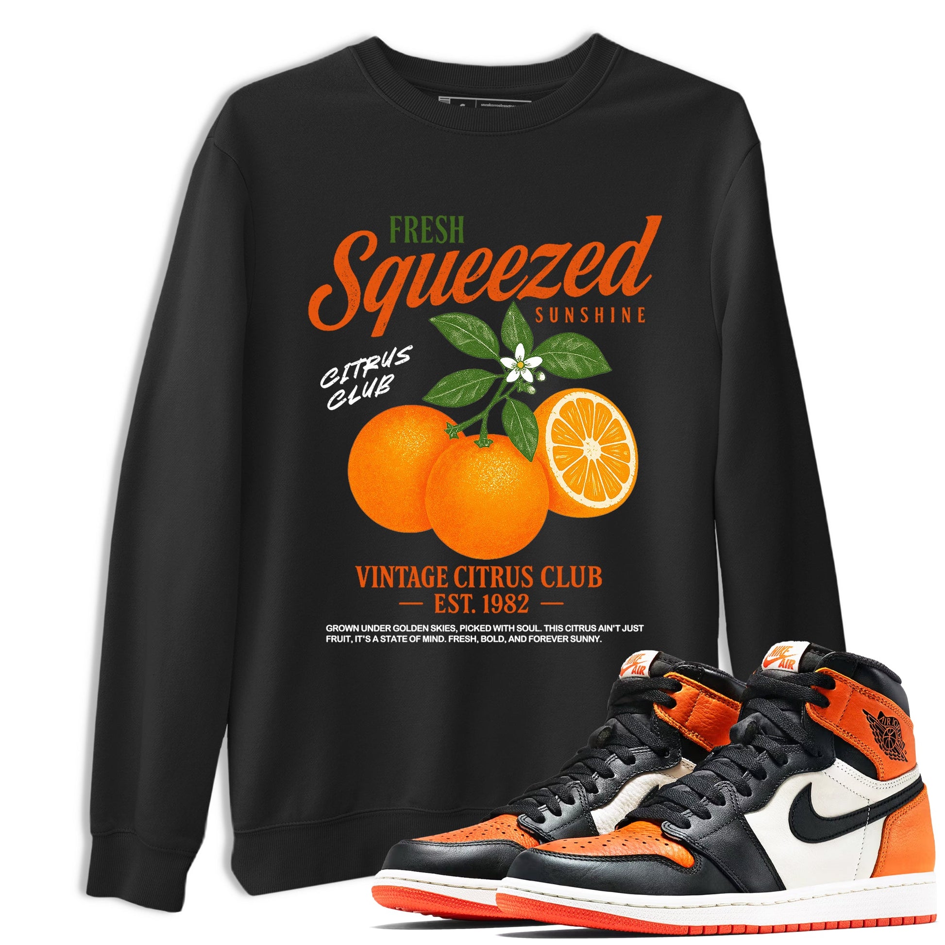 Sneaker match tees – Streetwear Graphic Tees Air Jordan 1 Shattered Backboard Sneakers – Vintage Citrus Club Graphic Tee Black 1