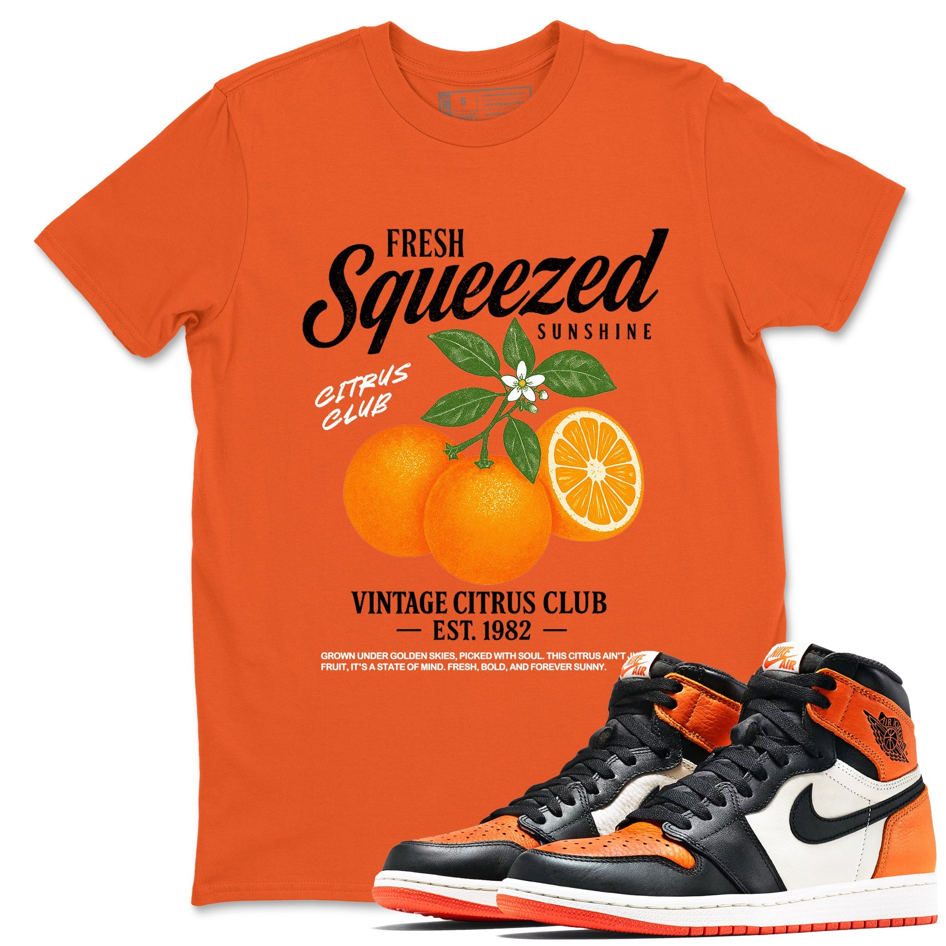 Sneaker match tees – Streetwear Graphic Tees Air Jordan 1 Shattered Backboard Sneakers – Vintage Citrus Club Graphic Tee Orange 1