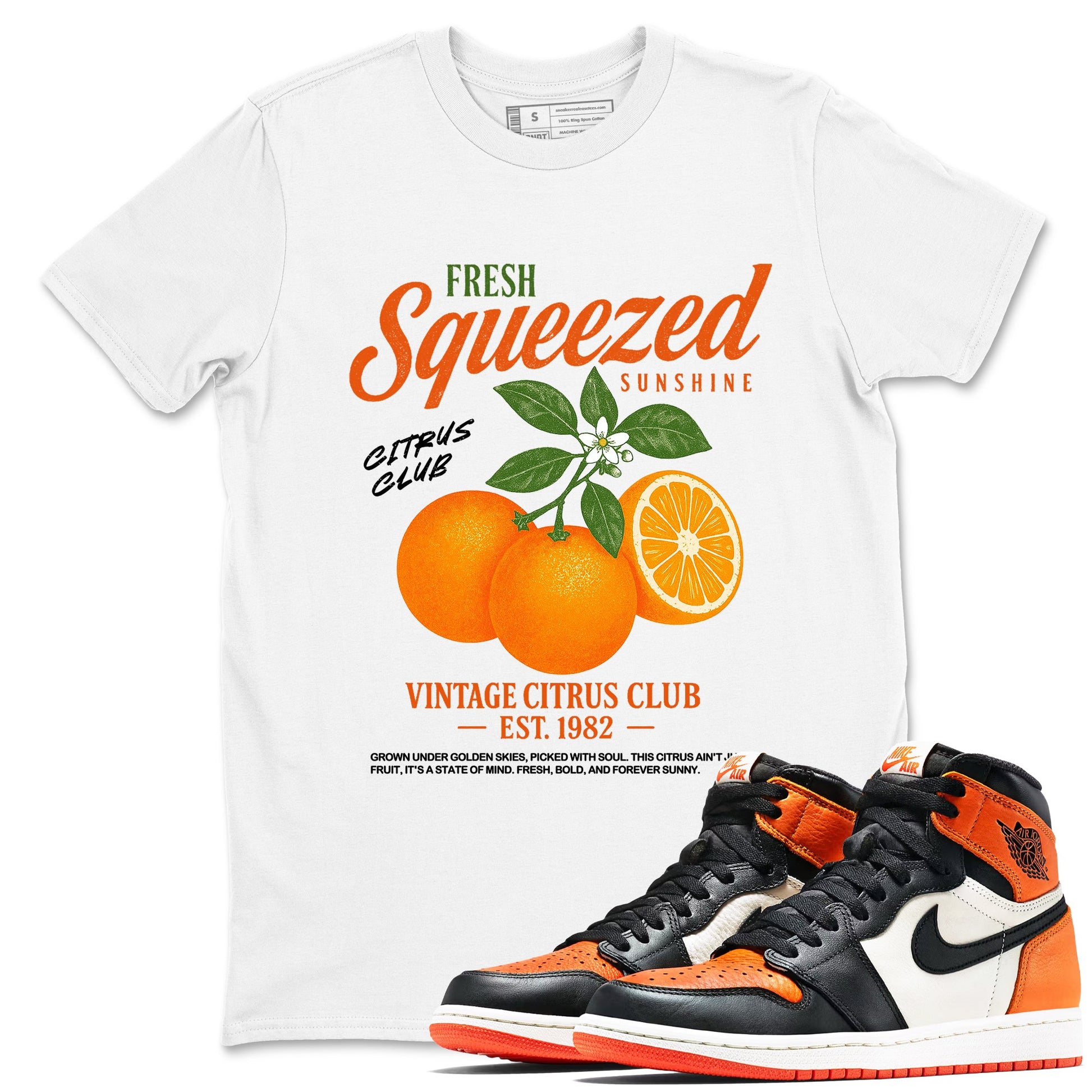 Sneaker match tees – Streetwear Graphic Tees Air Jordan 1 Shattered Backboard Sneakers – Vintage Citrus Club Graphic Tee White 1
