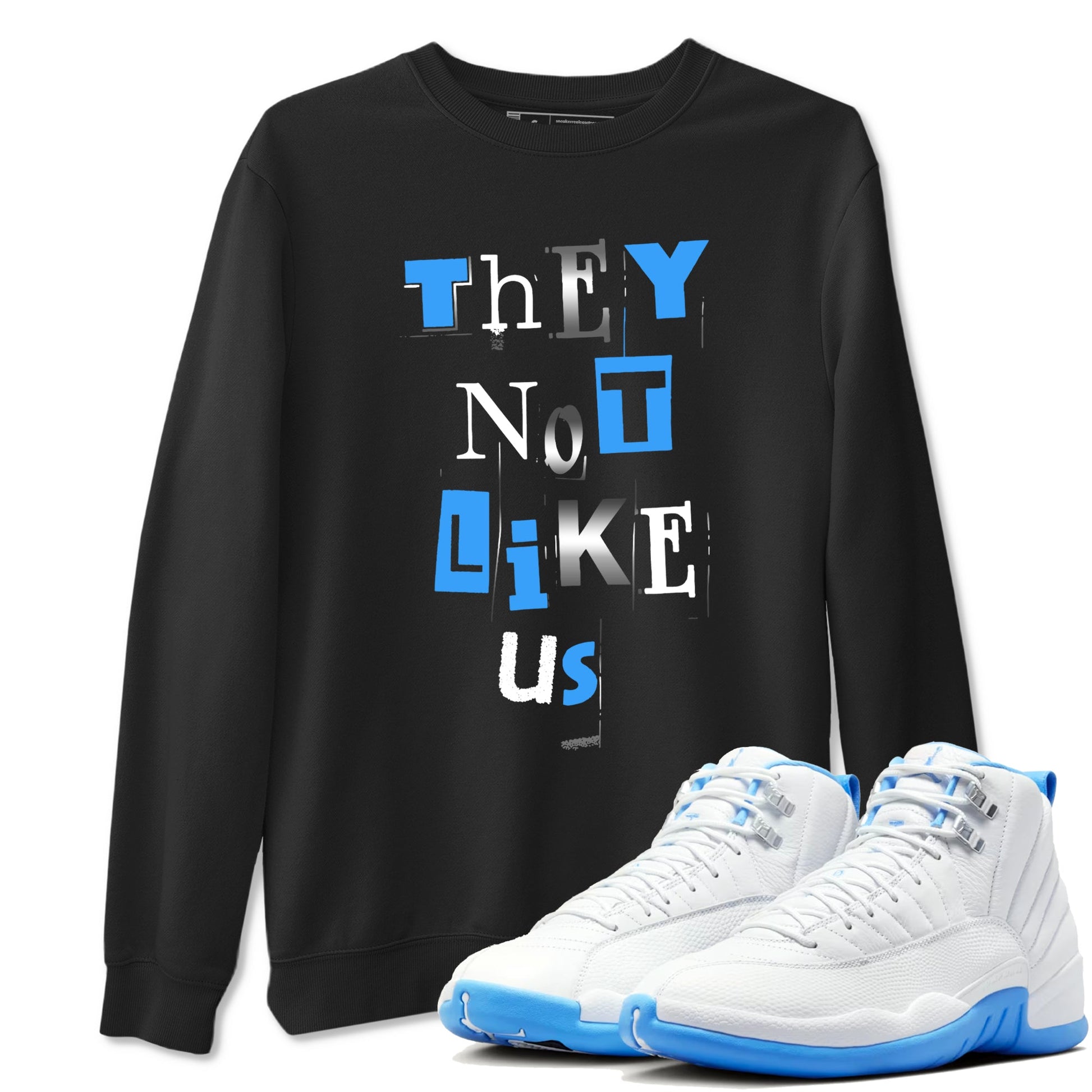 Vintage They Not Like Us sneaker match t-shirt styled to complete your fit with the Air Jordan 12 White and University Blue sneakers, shown in Black 1.