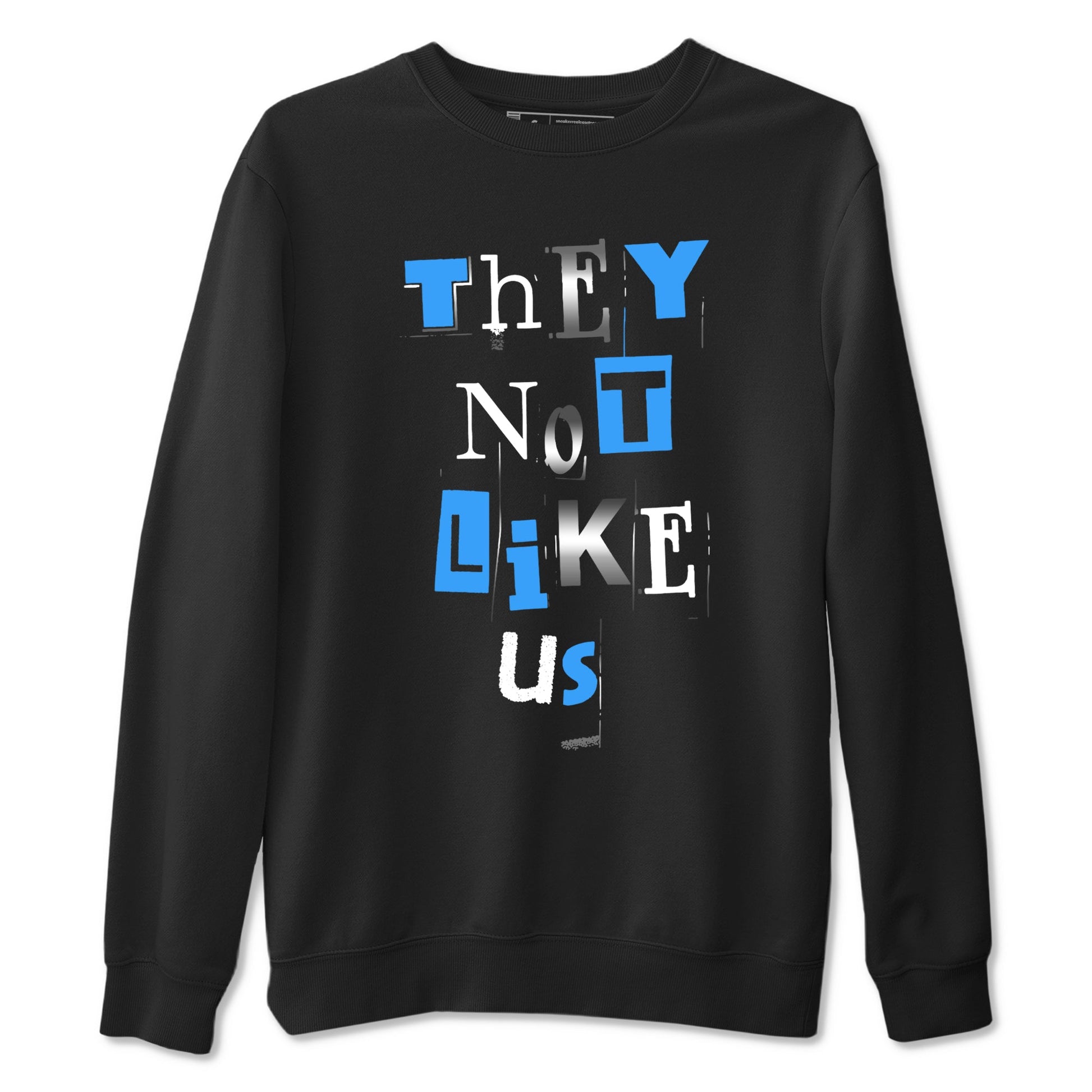 Vintage They Not Like Us sneaker match t-shirt styled to complete your fit with the Air Jordan 12 White and University Blue sneakers, shown in Black 2.