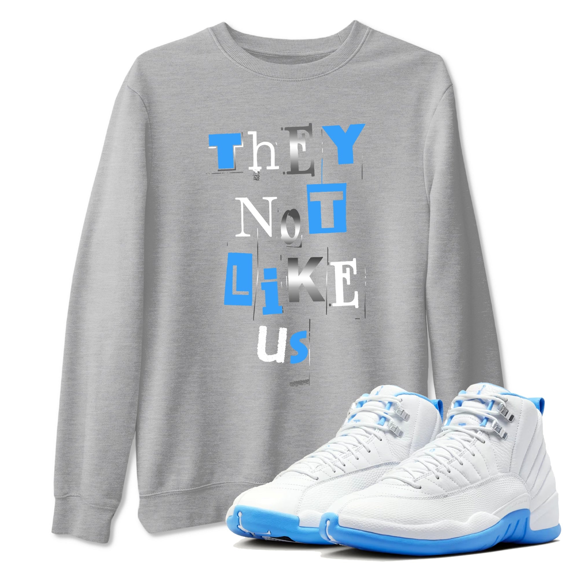 Vintage They Not Like Us sneaker match t-shirt styled to complete your fit with the Air Jordan 12 White and University Blue sneakers, shown in Heather Grey 1.