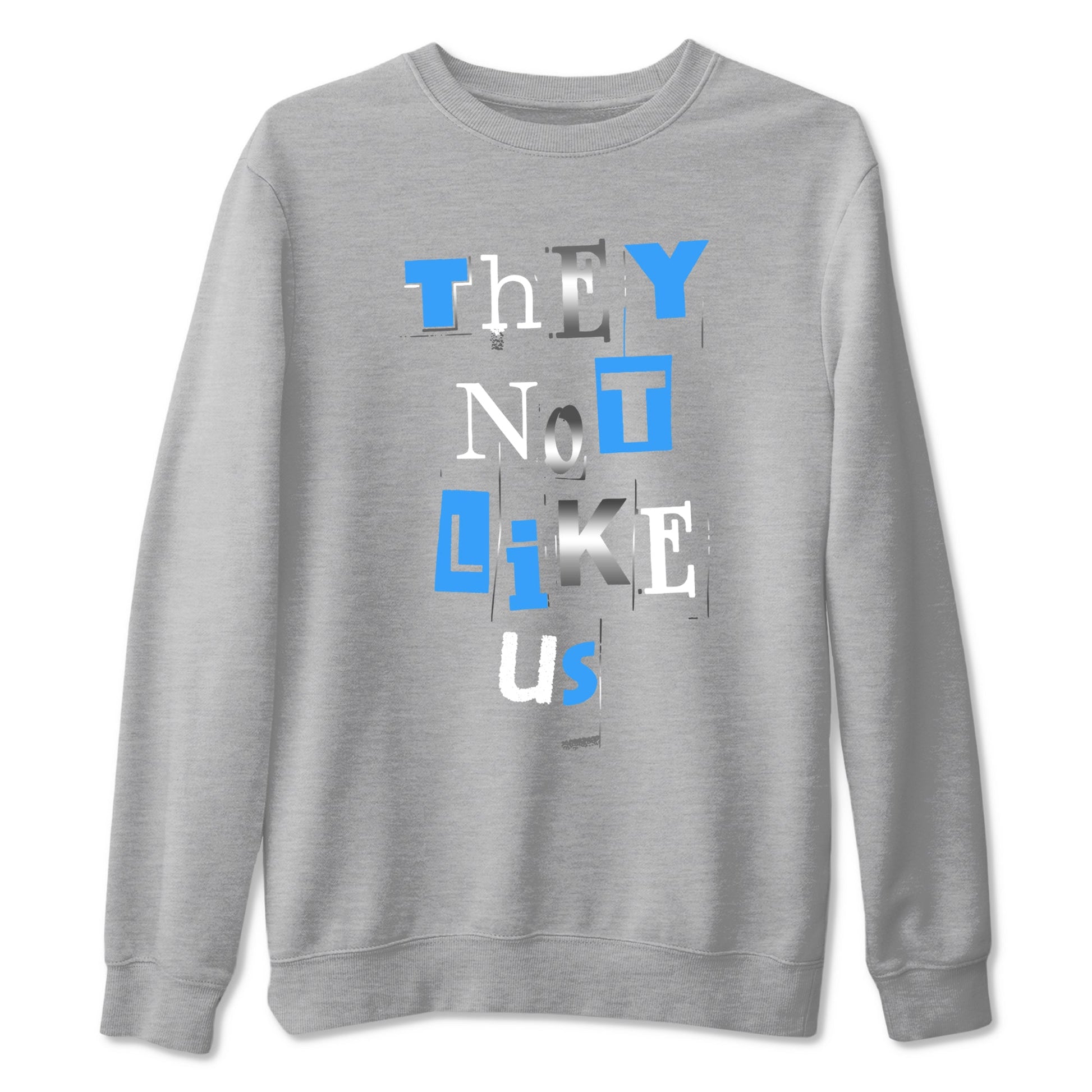Vintage They Not Like Us sneaker match t-shirt styled to complete your fit with the Air Jordan 12 White and University Blue sneakers, shown in Heather Grey 2.