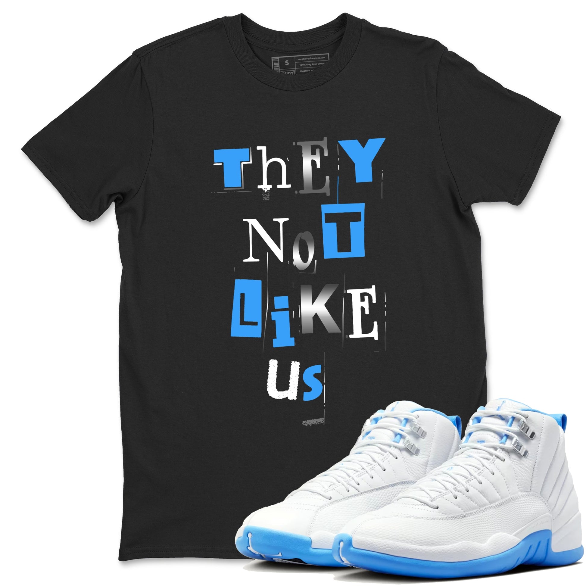 Vintage They Not Like Us sneaker match t-shirt styled to complete your fit with the Air Jordan 12 White and University Blue sneakers, shown in Black 1.