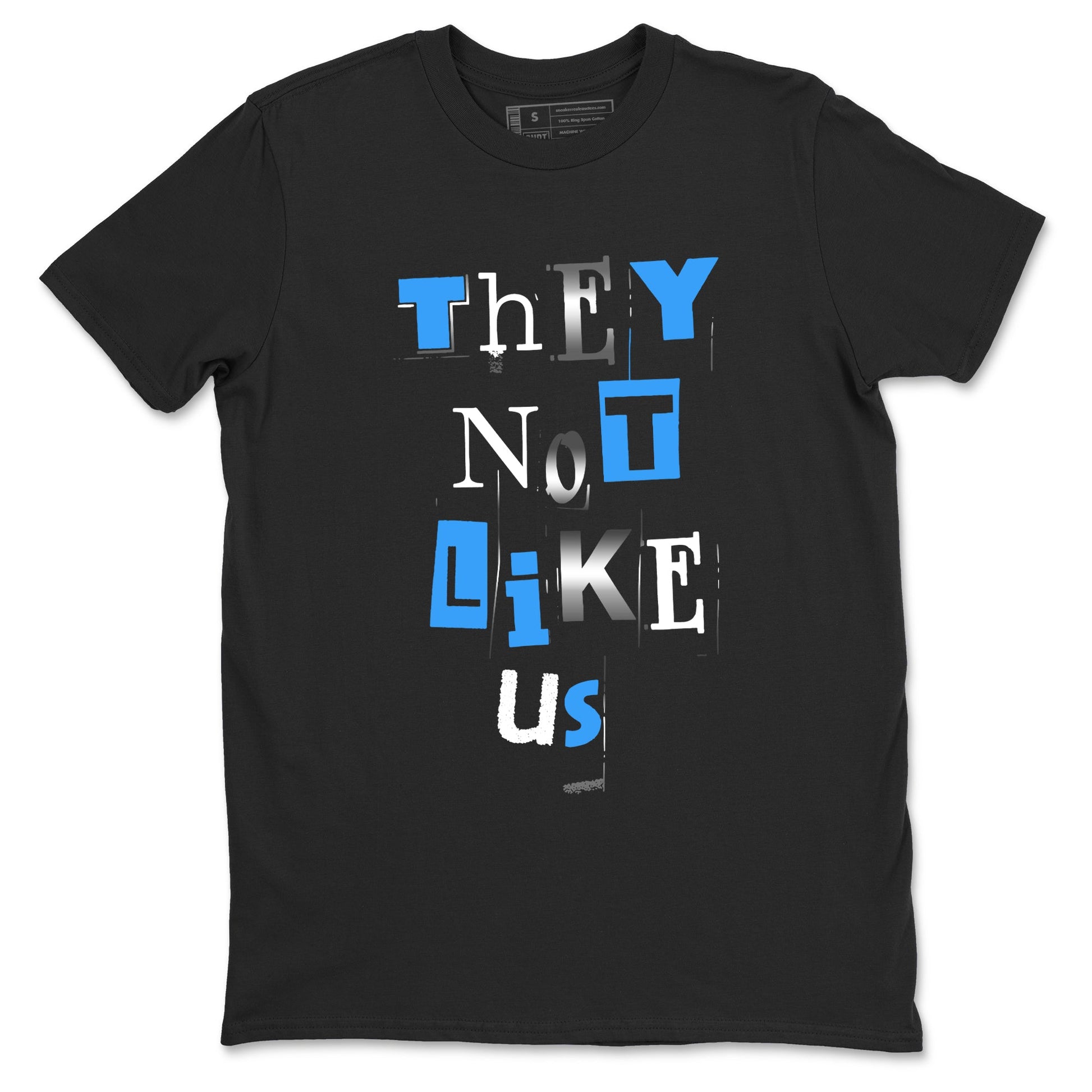 Vintage They Not Like Us sneaker match t-shirt styled to complete your fit with the Air Jordan 12 White and University Blue sneakers, shown in Black 2.
