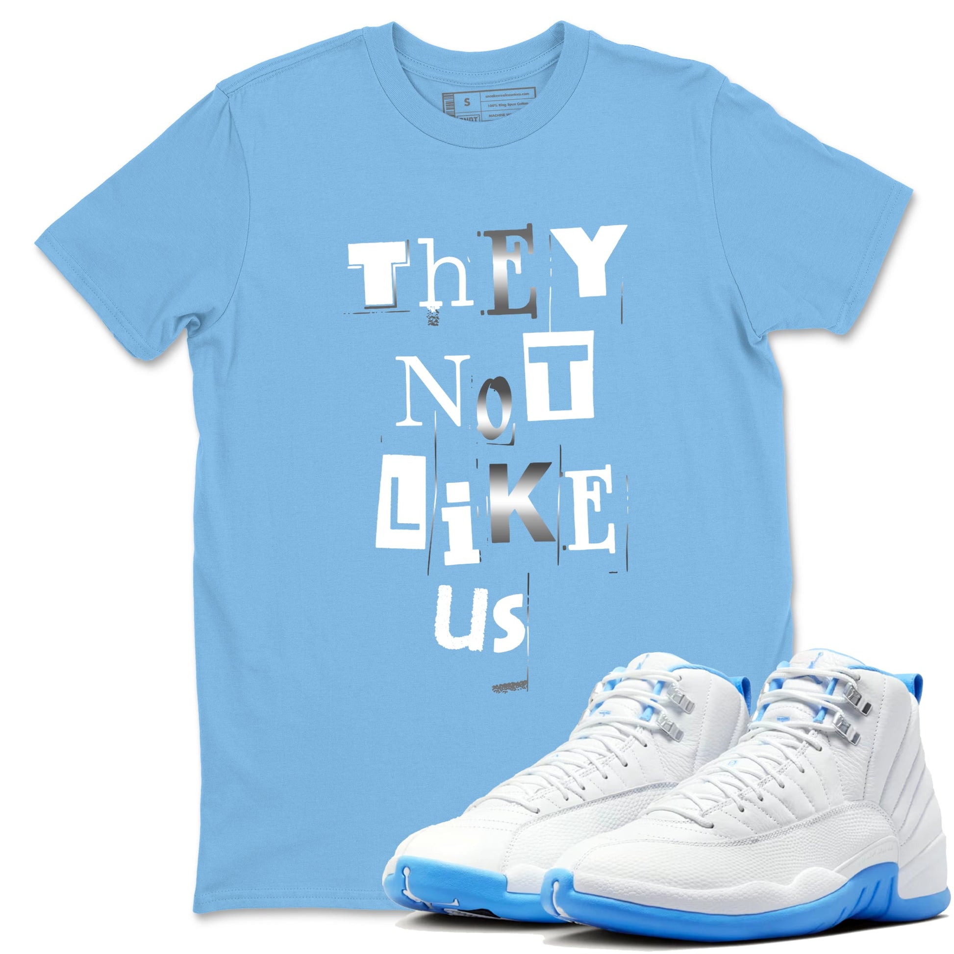 Vintage They Not Like Us sneaker match t-shirt styled to complete your fit with the Air Jordan 12 White and University Blue sneakers, shown in Carolina Blue 1.