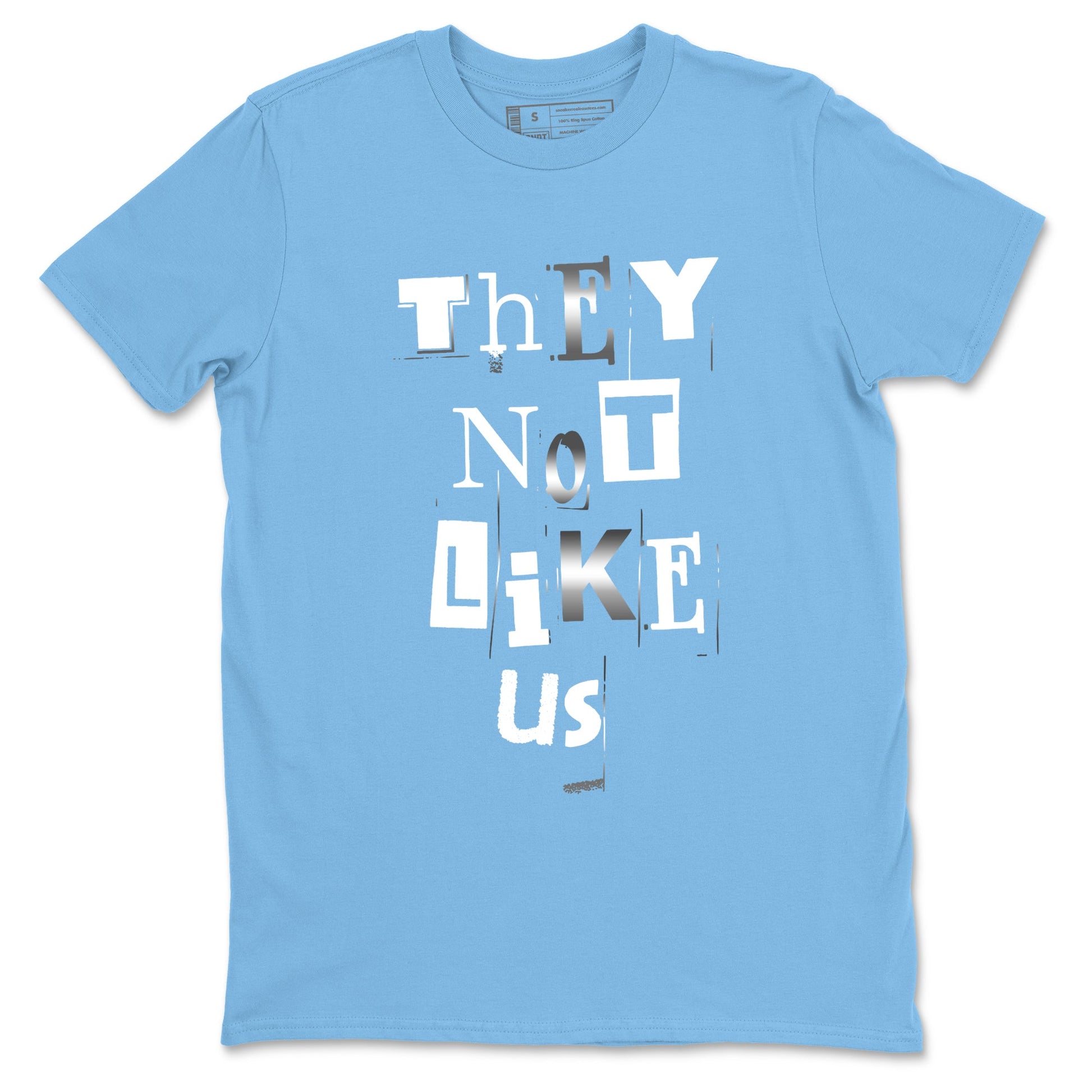 Vintage They Not Like Us sneaker match t-shirt styled to complete your fit with the Air Jordan 12 White and University Blue sneakers, shown in Carolina Blue 2.