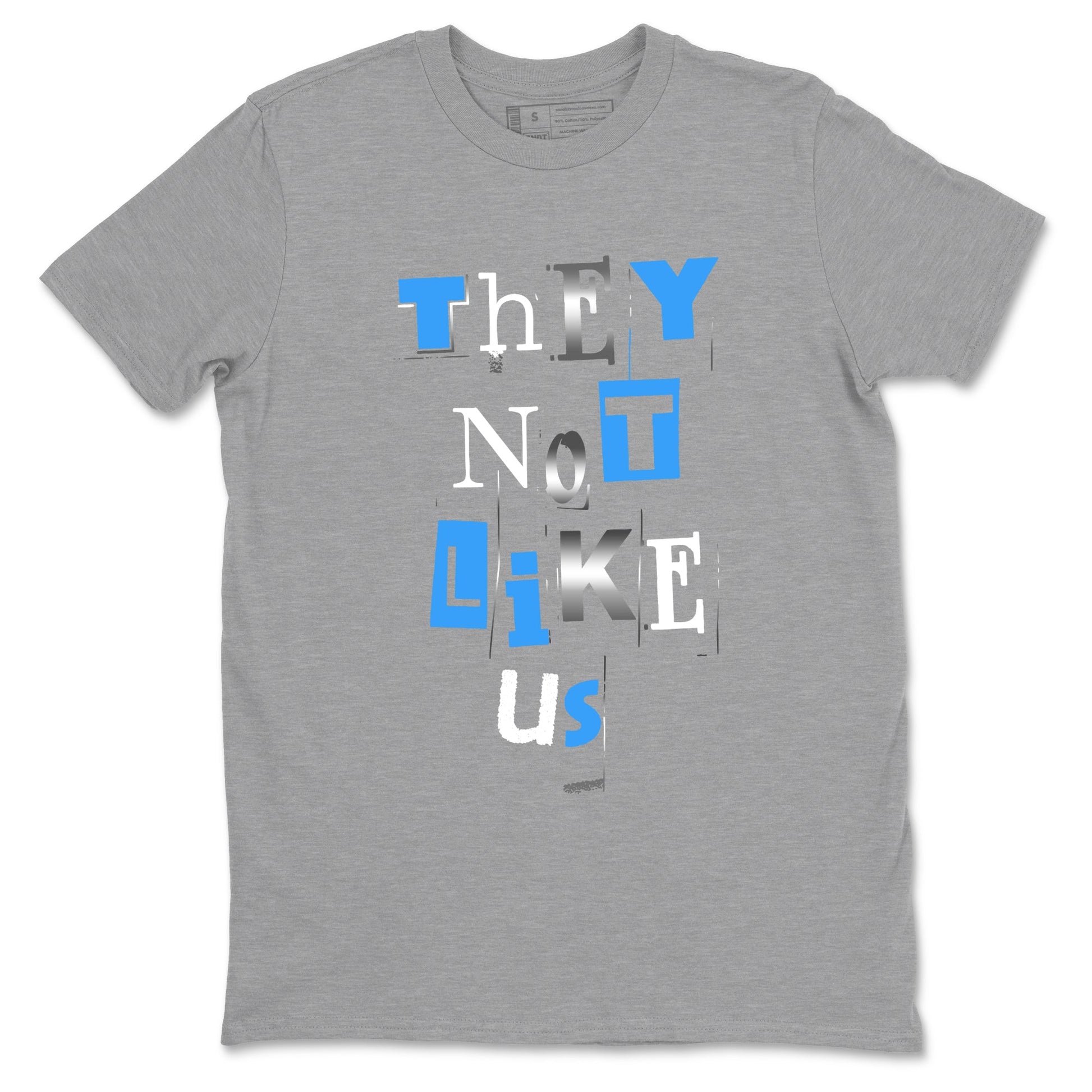 Vintage They Not Like Us sneaker match t-shirt styled to complete your fit with the Air Jordan 12 White and University Blue sneakers, shown in Heather Grey 2.