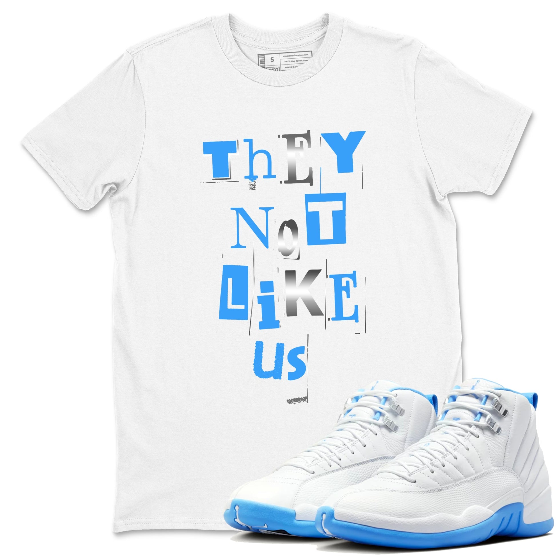 Vintage They Not Like Us sneaker match t-shirt styled to complete your fit with the Air Jordan 12 White and University Blue sneakers, shown in White 1.