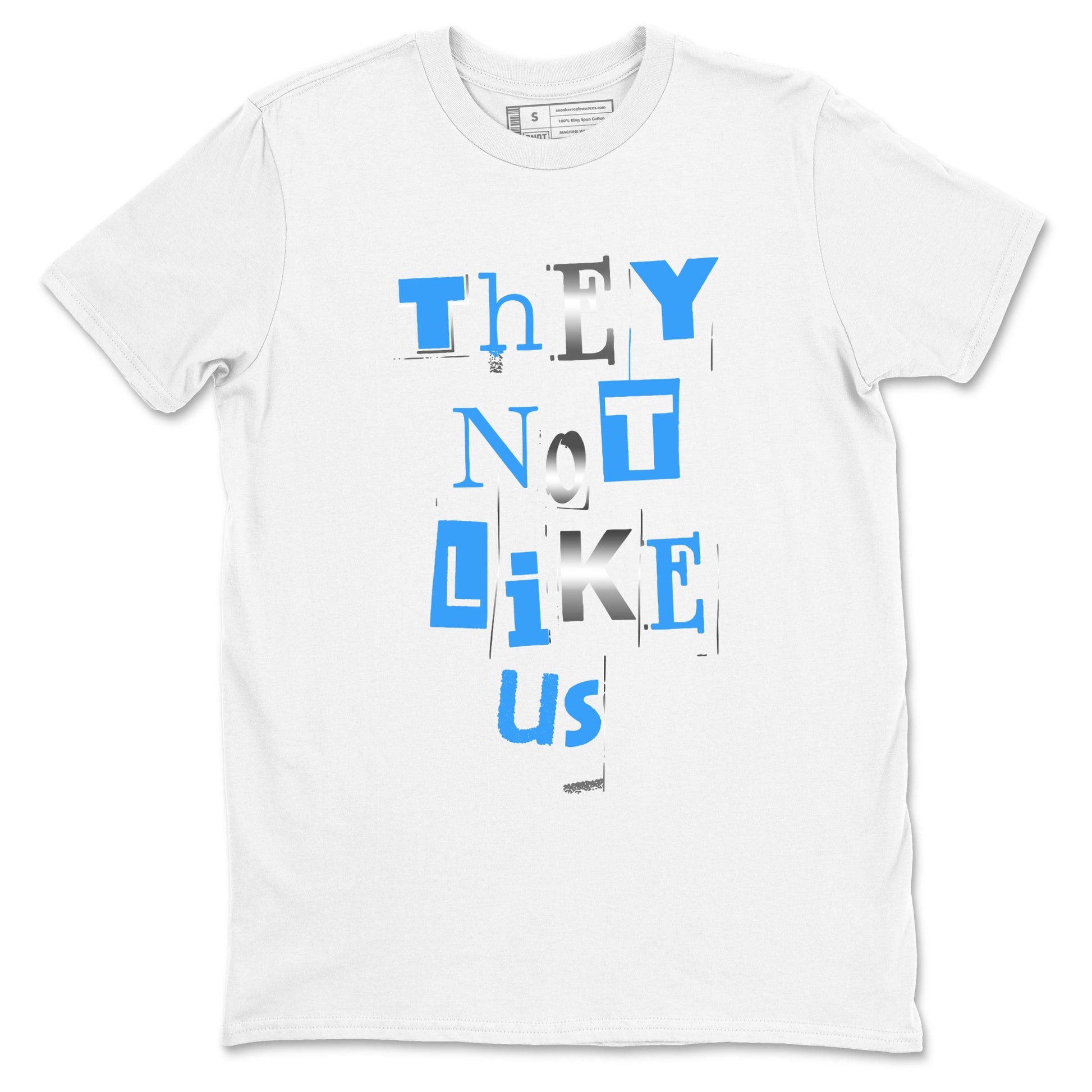 Vintage They Not Like Us sneaker match t-shirt styled to complete your fit with the Air Jordan 12 White and University Blue sneakers, shown in White 2.