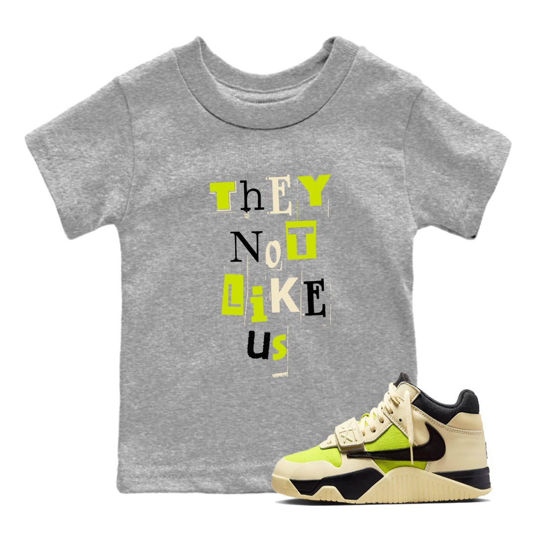 Vintage They Not Like Us baby and kids t-shirt crafted for little sneakerheads to shine with the Jordan Jumpman Jack Travis Scott Bright Cactus sneakers, displayed in Heather Grey 1.