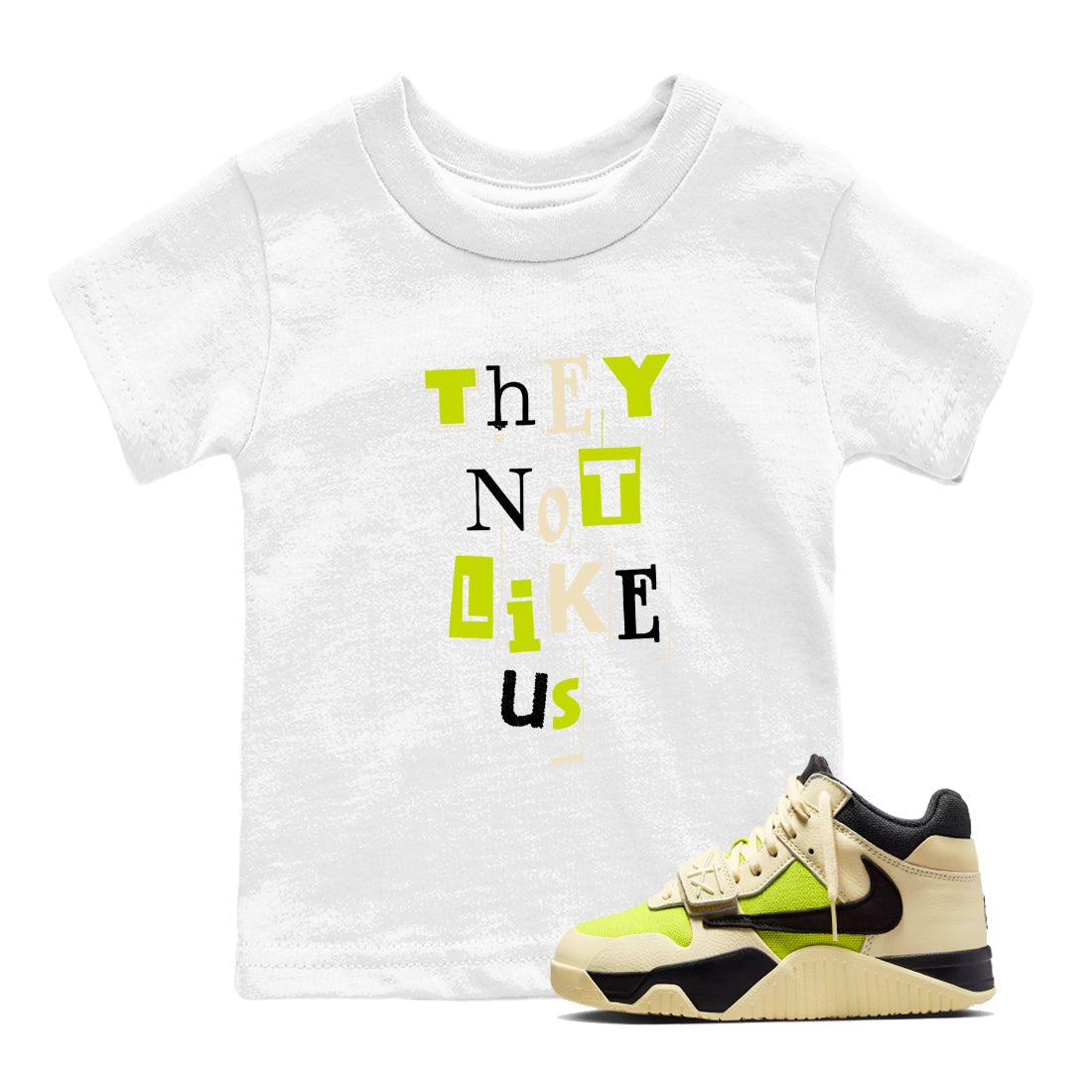 Vintage They Not Like Us baby and kids t-shirt crafted for little sneakerheads to shine with the Jordan Jumpman Jack Travis Scott Bright Cactus sneakers, displayed in White 1.
