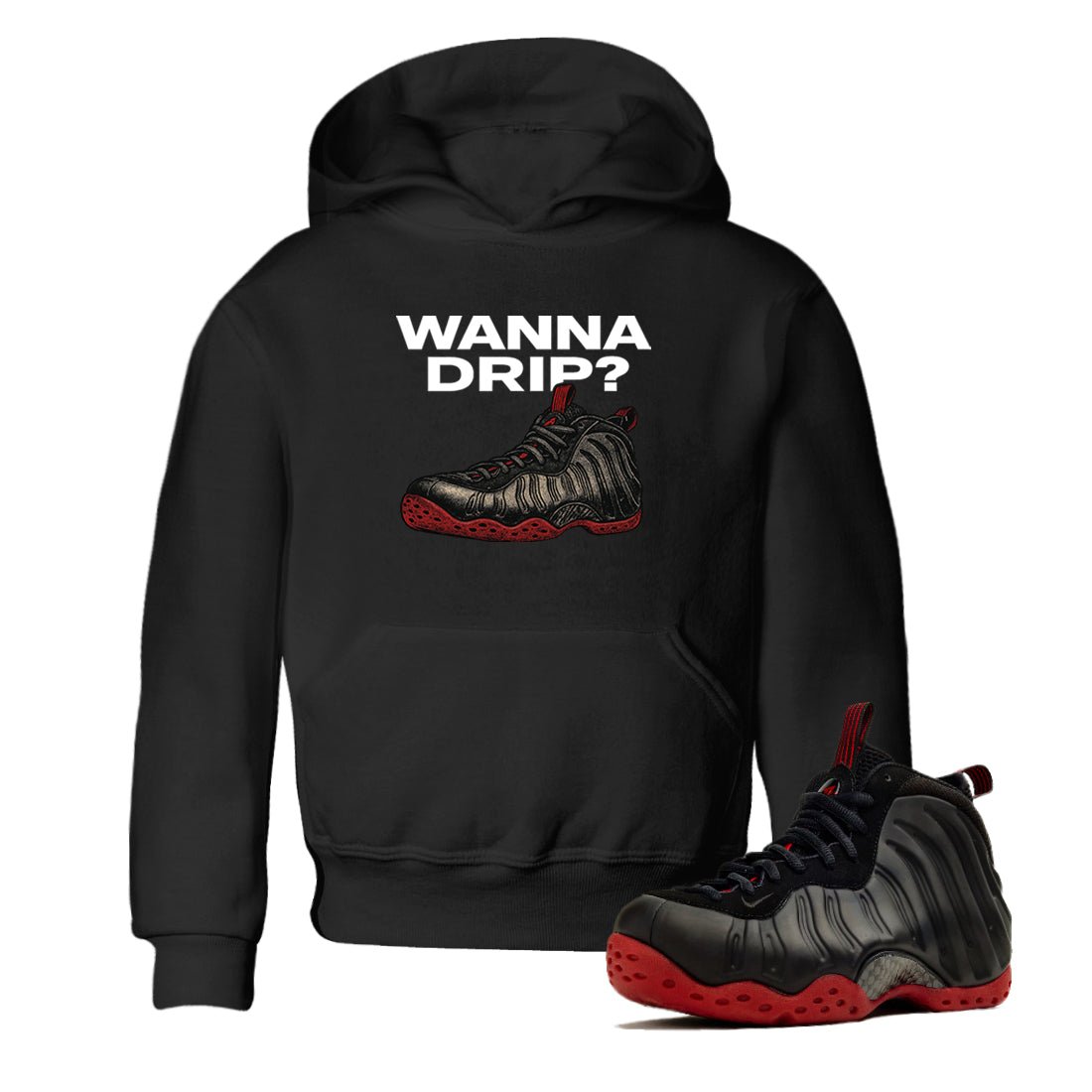 Sneaker match tees – Sneaker Tees To Match Air Foamposite Cough Drop Shoes – Wanna Drip Kids T-Shirt Black 1
