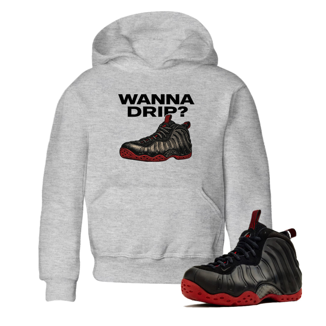 Sneaker match tees – Sneaker Tees To Match Air Foamposite Cough Drop Shoes – Wanna Drip Kids T-Shirt Heather Grey 1