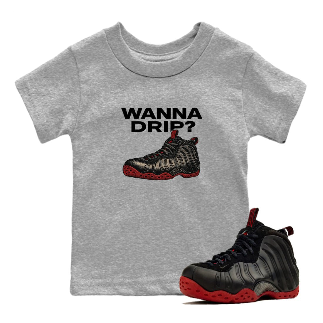 Sneaker match tees – Sneaker Tees To Match Air Foamposite Cough Drop Shoes – Wanna Drip Kids T-Shirt Heather Grey 1