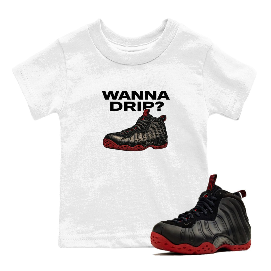 Sneaker match tees – Sneaker Tees To Match Air Foamposite Cough Drop Shoes – Wanna Drip Kids T-Shirt White 1