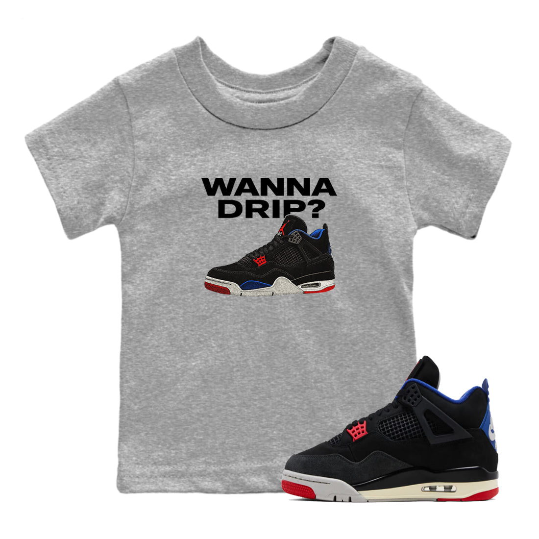 Sneaker match tees – Sneaker Tees To Match Jordan 4 Retro Rare Air Shoes – Wanna Drip Kids T-Shirt Heather Grey 1