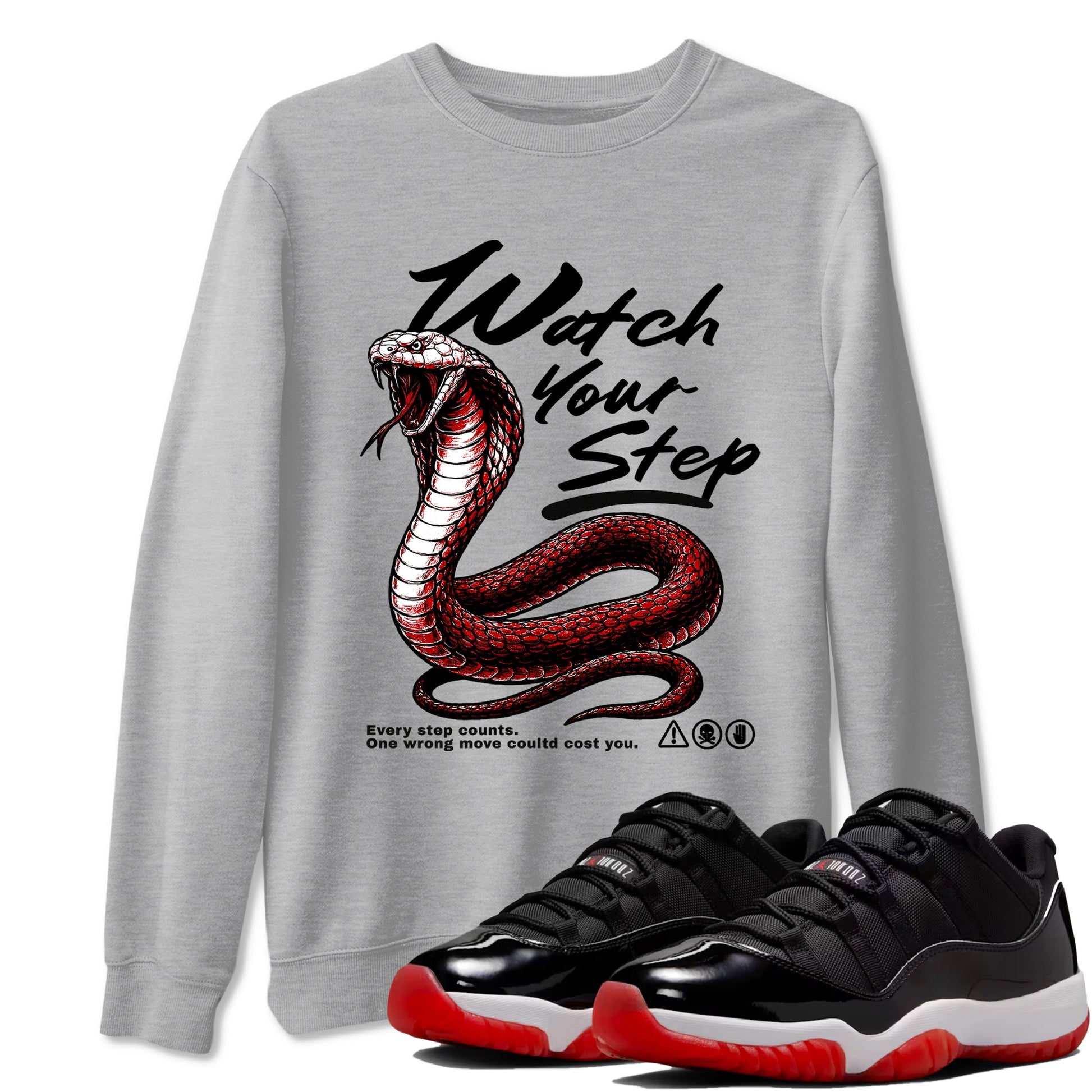 11s Bred shirts to match jordans Watch Your Step sneaker match tees Air Jordan 11 Retro Bred match shoes to clothes SNRT Sneaker Tees unisex cotton Heather Grey 1 shirts