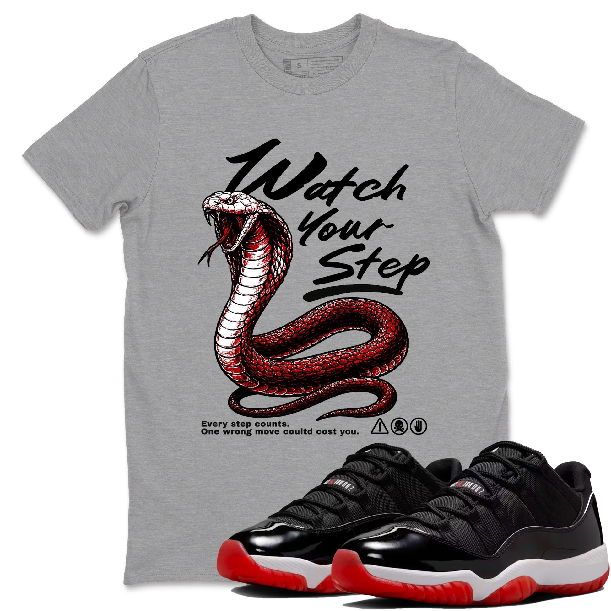 11s Bred shirts to match jordans Watch Your Step sneaker match tees Air Jordan 11 Retro Bred match shoes to clothes SNRT Sneaker Tees unisex cotton Heather Grey 1 shirts