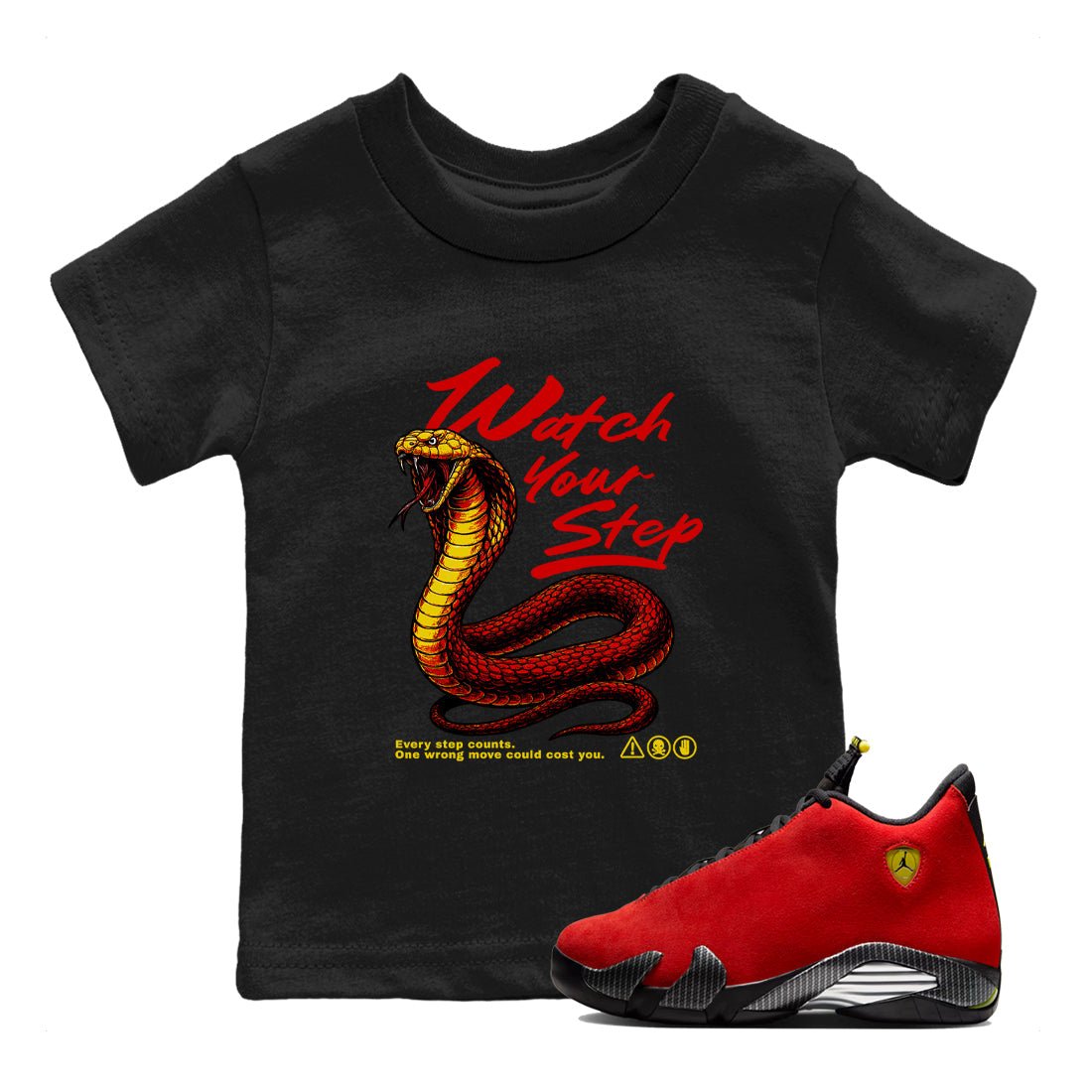 Watch Your Step baby and kids t-shirt crafted for little sneakerheads to shine with the Air Jordan 14 Challenge Red sneakers, AJ14 Ferrari, displayed in Black 1.