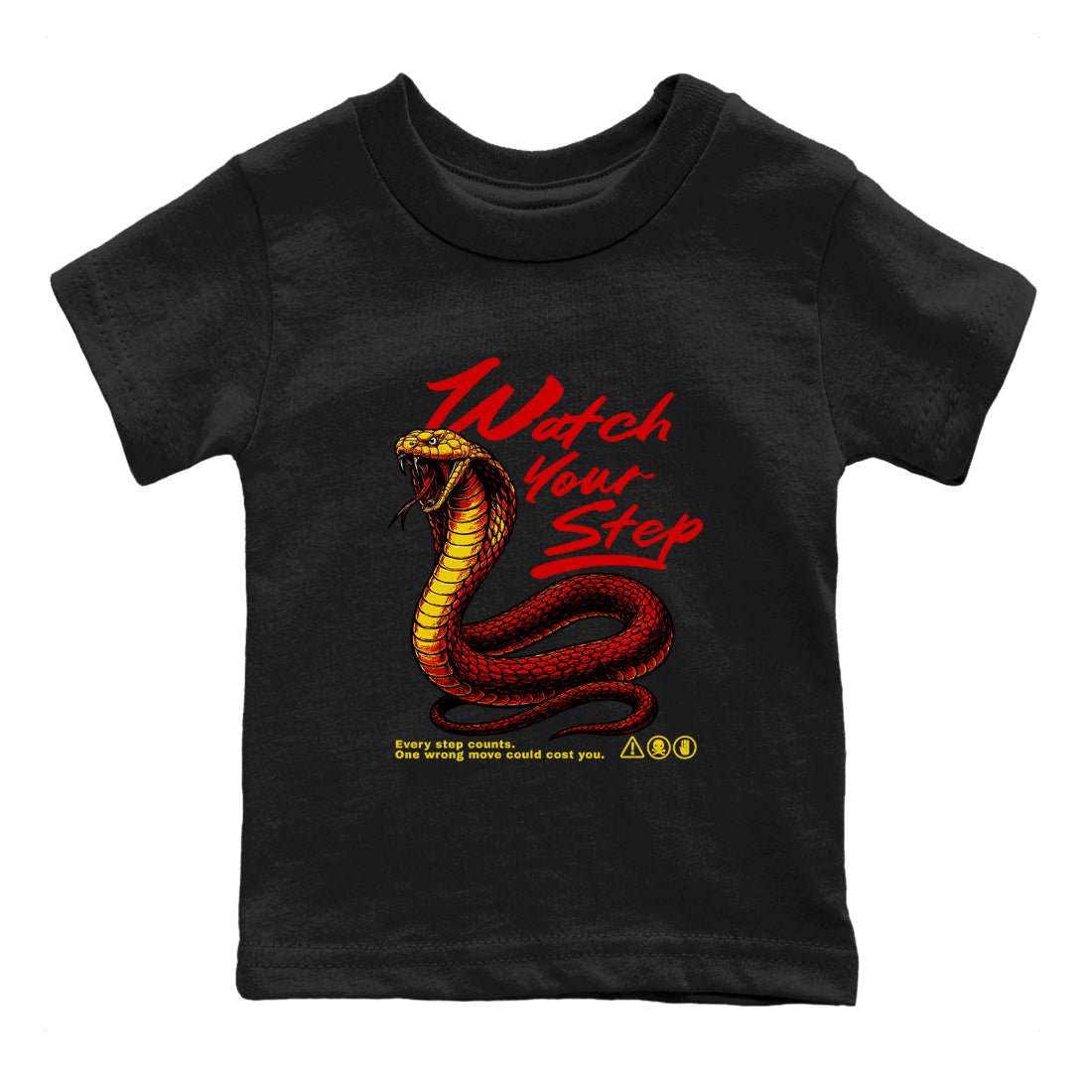 Watch Your Step baby and kids t-shirt crafted for little sneakerheads to shine with the Air Jordan 14 Challenge Red sneakers, AJ14 Ferrari, displayed in Black 2.