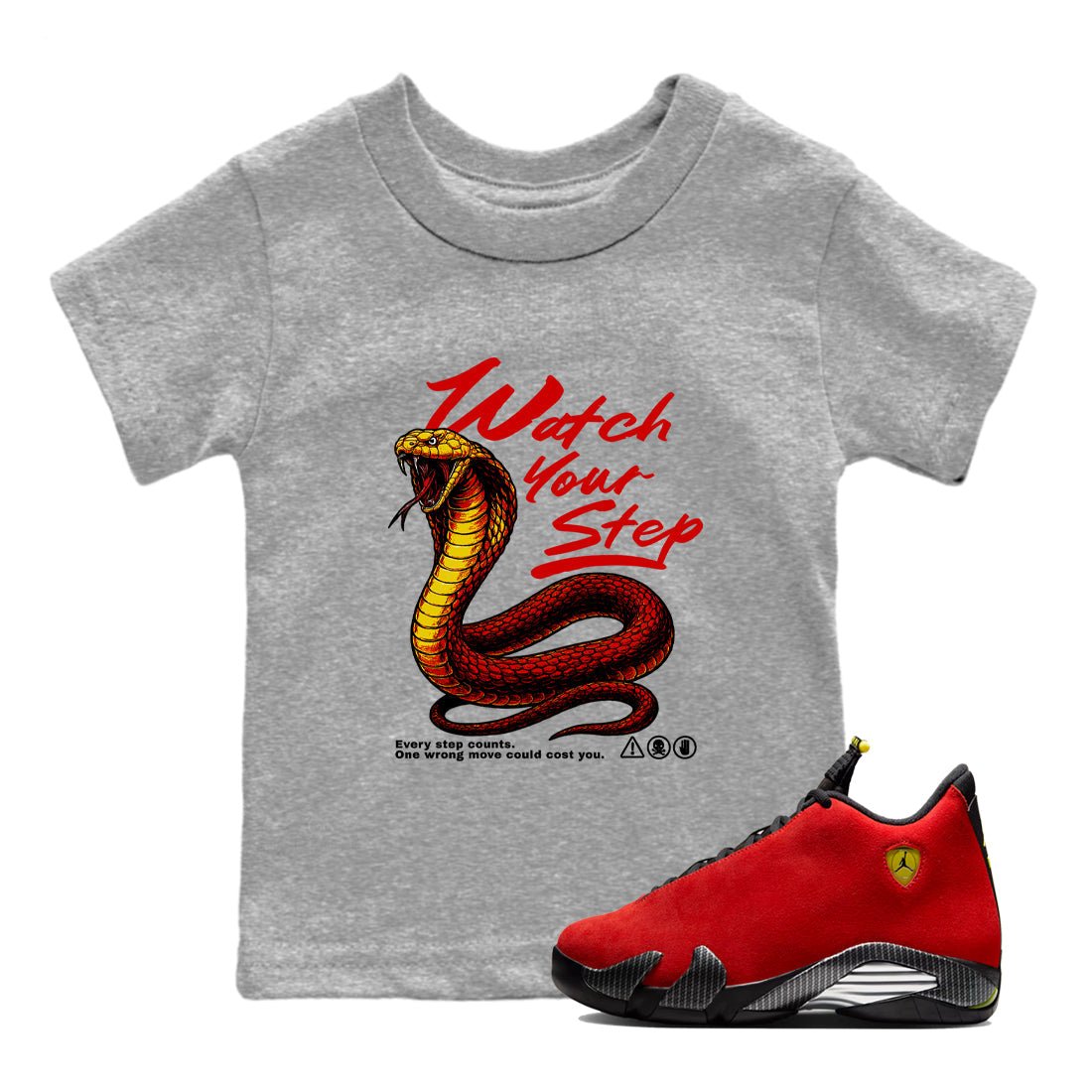 Watch Your Step baby and kids t-shirt crafted for little sneakerheads to shine with the Air Jordan 14 Challenge Red sneakers, AJ14 Ferrari, displayed in Heather Grey 1.