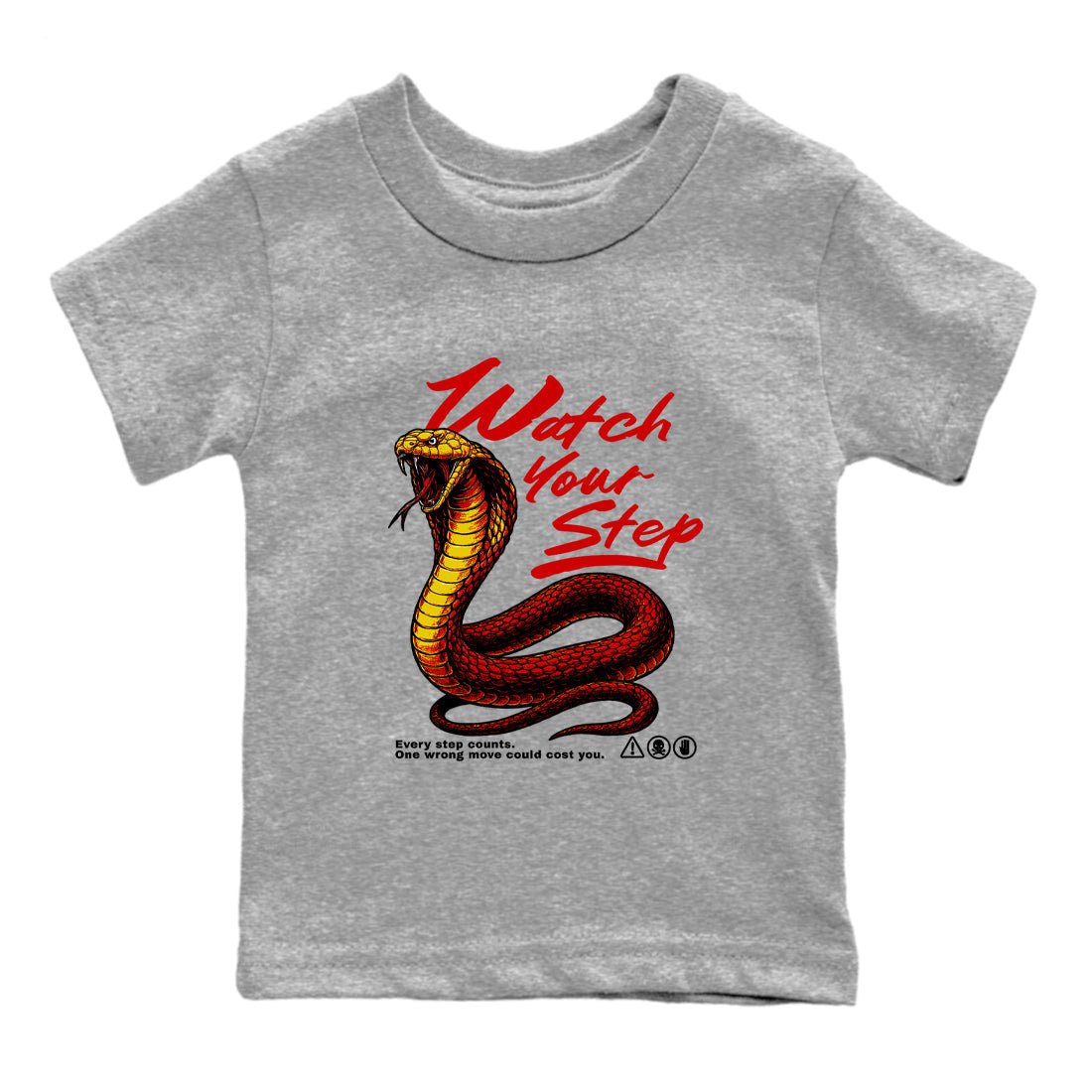 Watch Your Step baby and kids t-shirt crafted for little sneakerheads to shine with the Air Jordan 14 Challenge Red sneakers, AJ14 Ferrari, displayed in Heather Grey 2.
